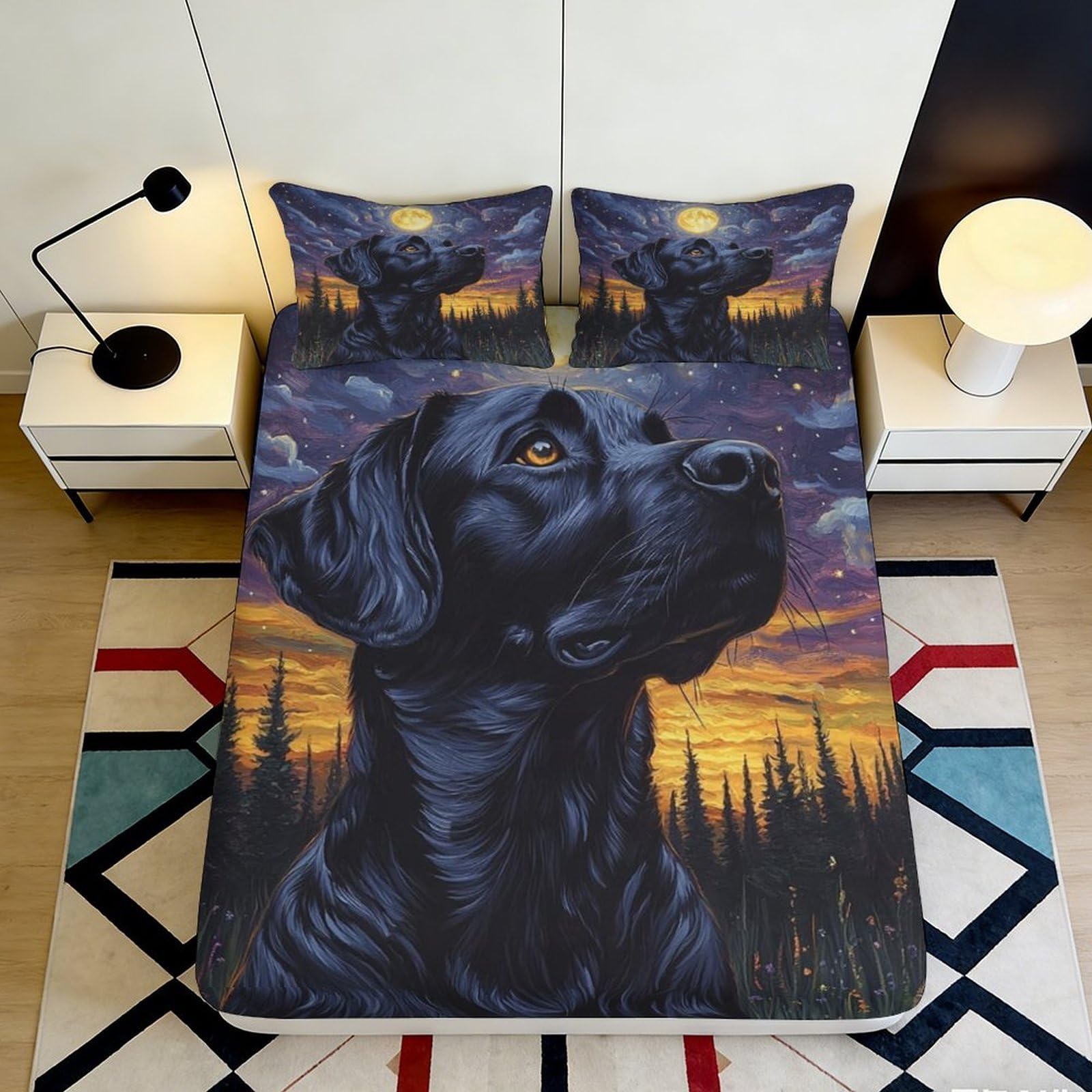 3D Printed Black Labrador Sunset Fitted Sheet Microfiber Soft Mattress Cover for Bedroom Dorm Room Mattress Protector 90x200x25cm
