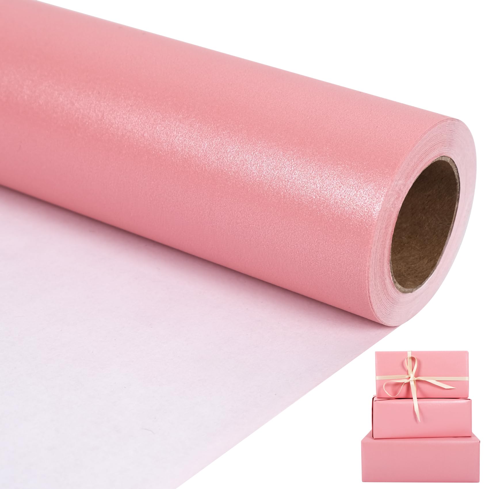 Aimyoo Pink Matte Wrapping Paper, 17 Inches X 27.2 Feet (38.5 sq.ft.) Solid Color Pearly-Lustre Paper Roll for Christmas Birthday Baby Shower Wedding Gift Wrap