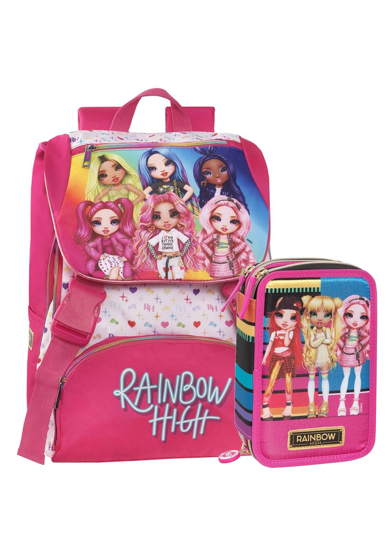 Generico ZAINO Fantasy Girl Scuola elementare media FUCSIA con Astuccio 3 ZIP Completo di Colori
