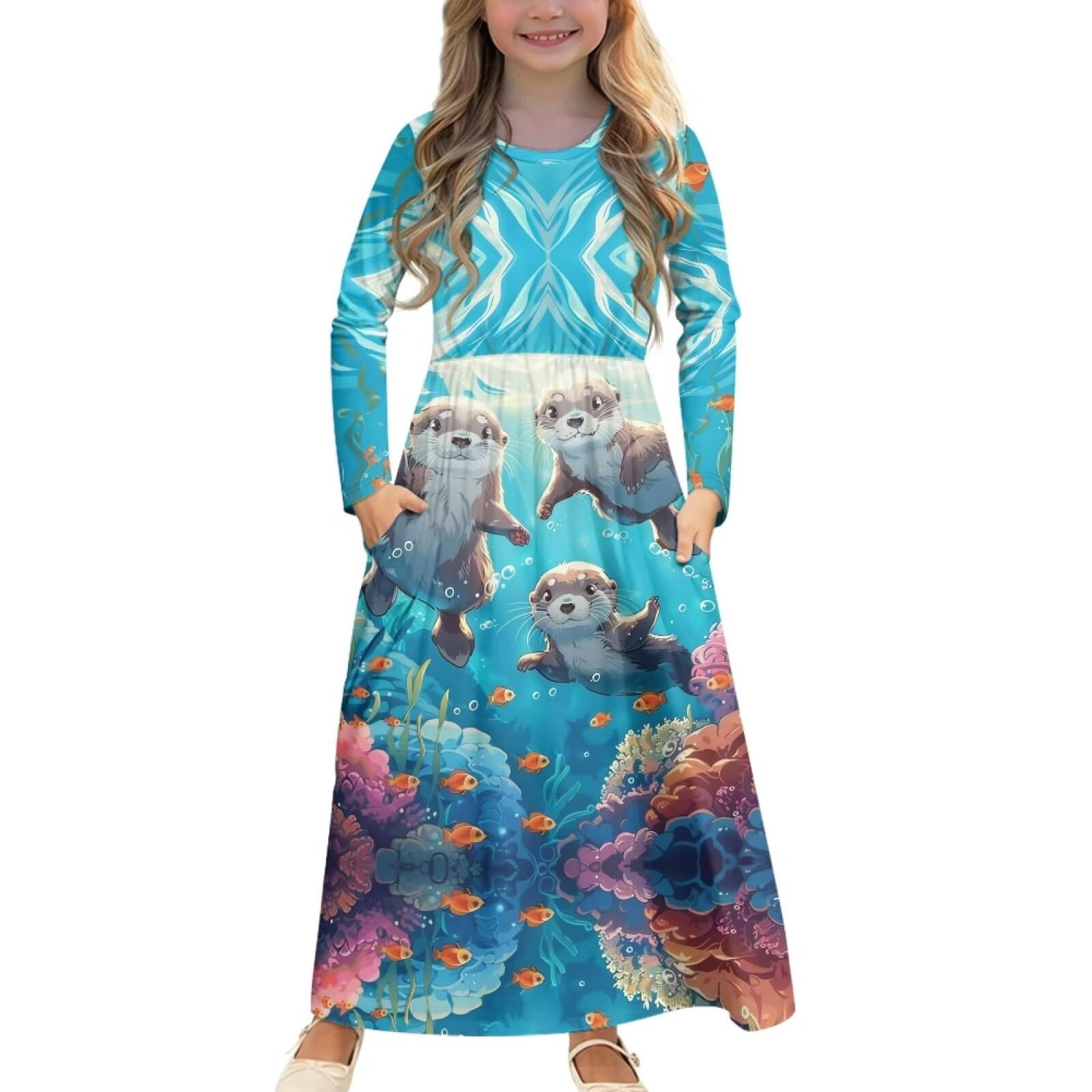 Upetstory Long Sleeve Maxi Dress for Girls Holiday Dresses with Pocket 5-14 Year