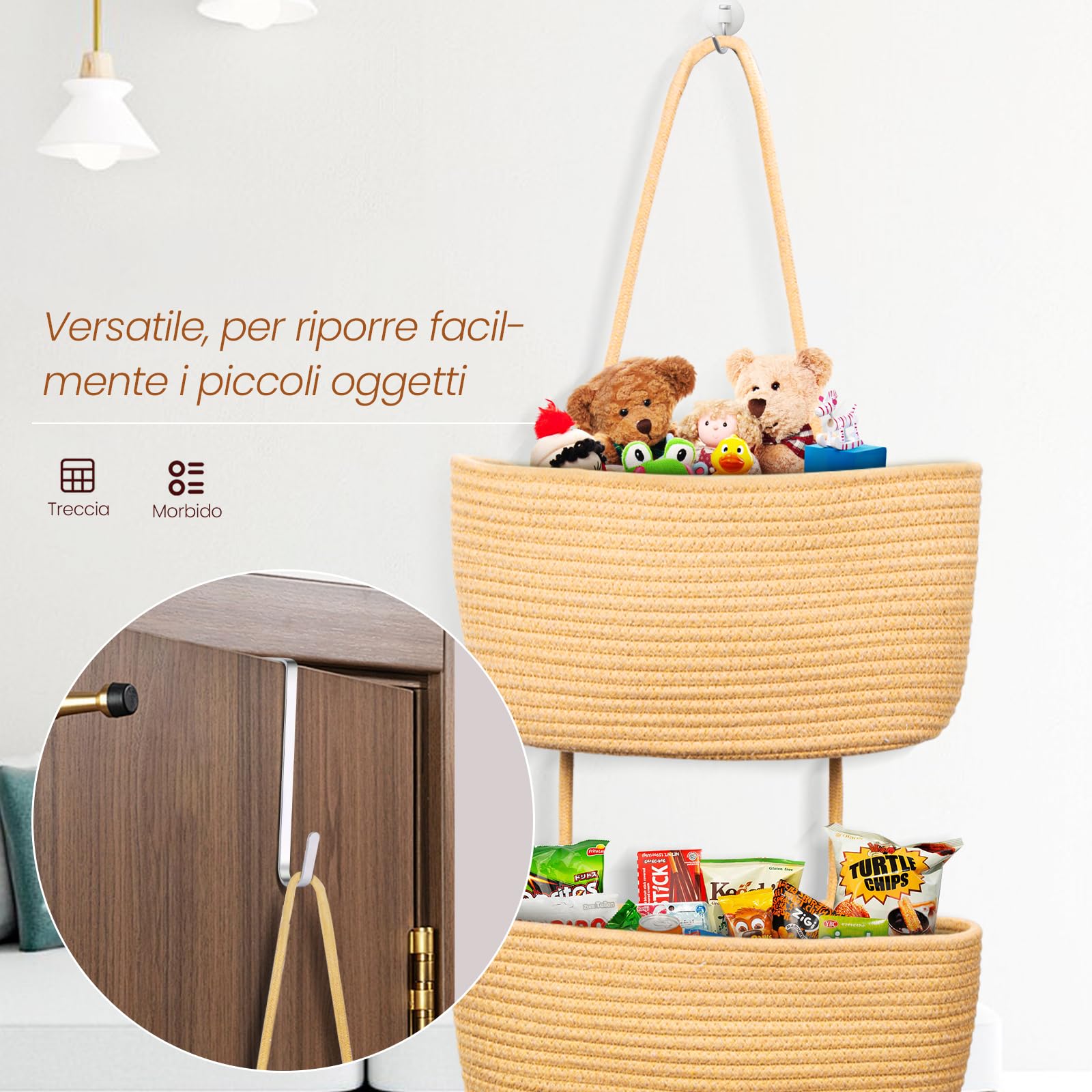 Tasche Portaoggetti Da Parete, 3 Livelli Organizer Per Appendere, Portaoggetti Da Parete Con Tasche In Corda Di Cotone Intrecciata, Per Soggiorno, Bagno, Camera Da Letto (Curcuma)