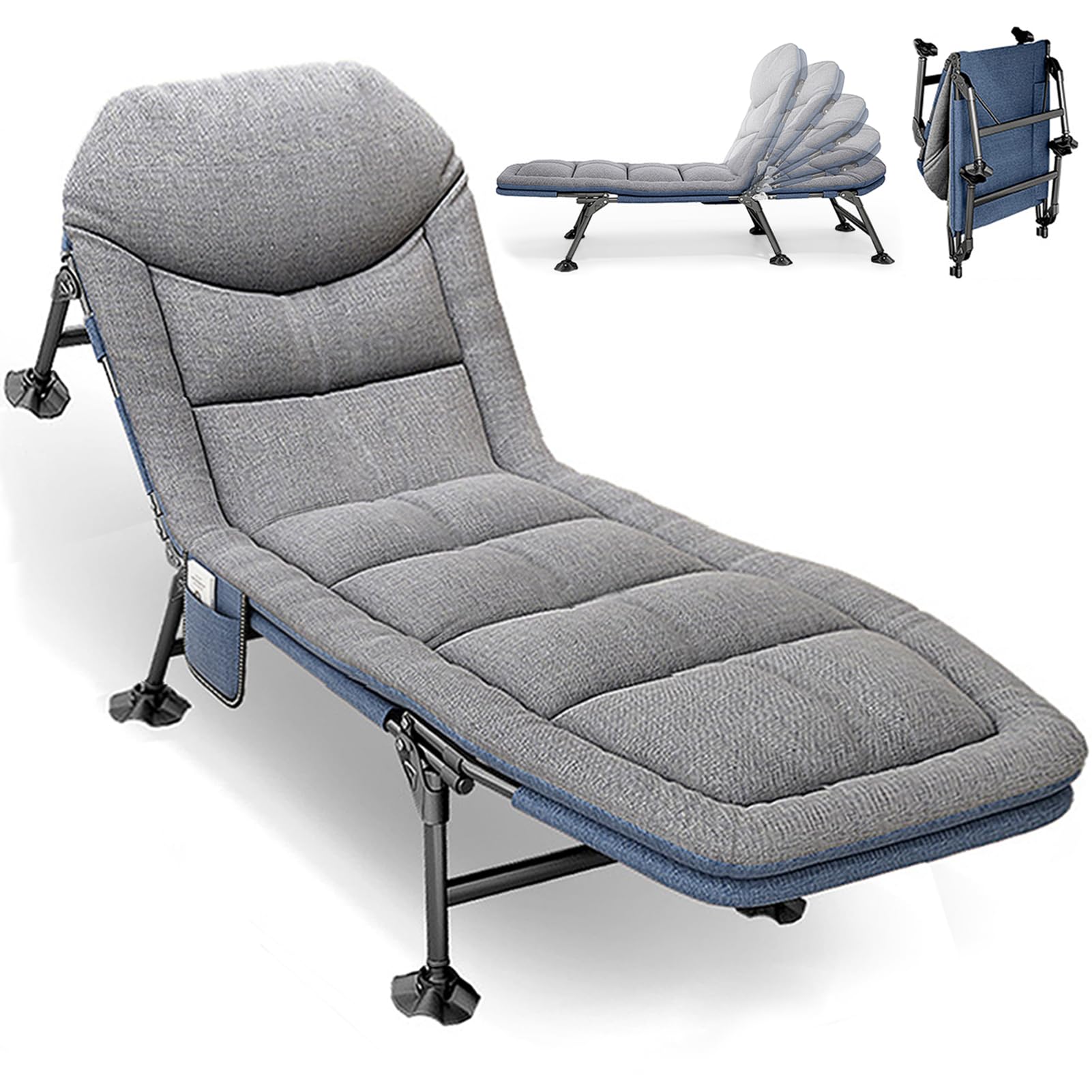 HavenGlide Camping Bed Folding with 5-Way Adjustable Backrest, 190 x 65 cm, up to 200 kg, Camping Lounger Carp Lounger with Mattress, Folding Bed, Guest Bed, Foldable Outdoor Garden Camping (Grey)