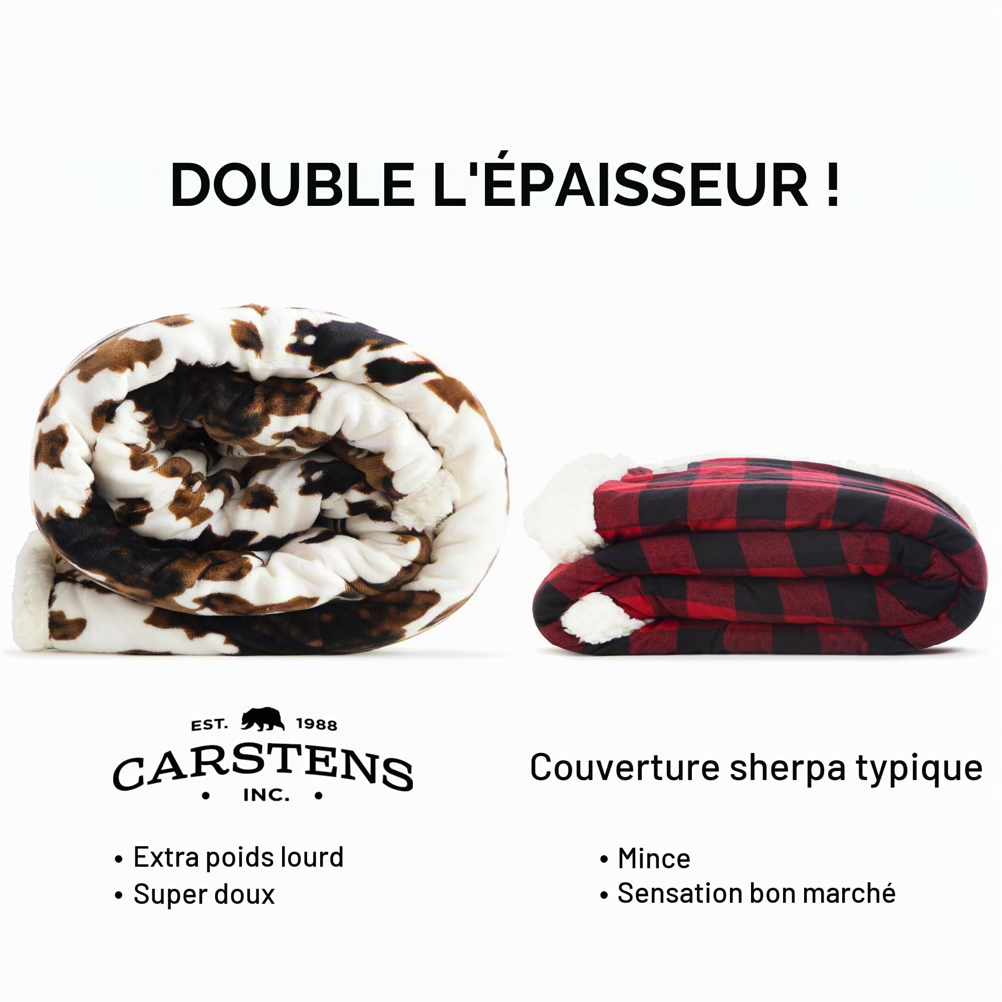 Carstens, INC. Wrangler – Couverture Sherpa Extra pelucheuse en Cuir de Vache Noir et Marron, Taille L 137,2 x 172,7 cm