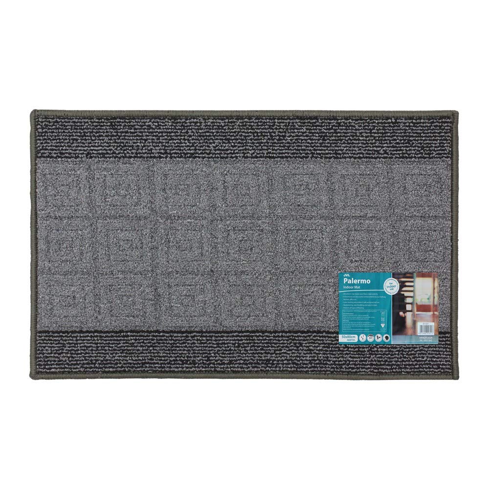 JVL Palmero Machine Washable Latex Backed Carpet Door Mat, Grey/Black, 40 x 70 cm (Rectangular)