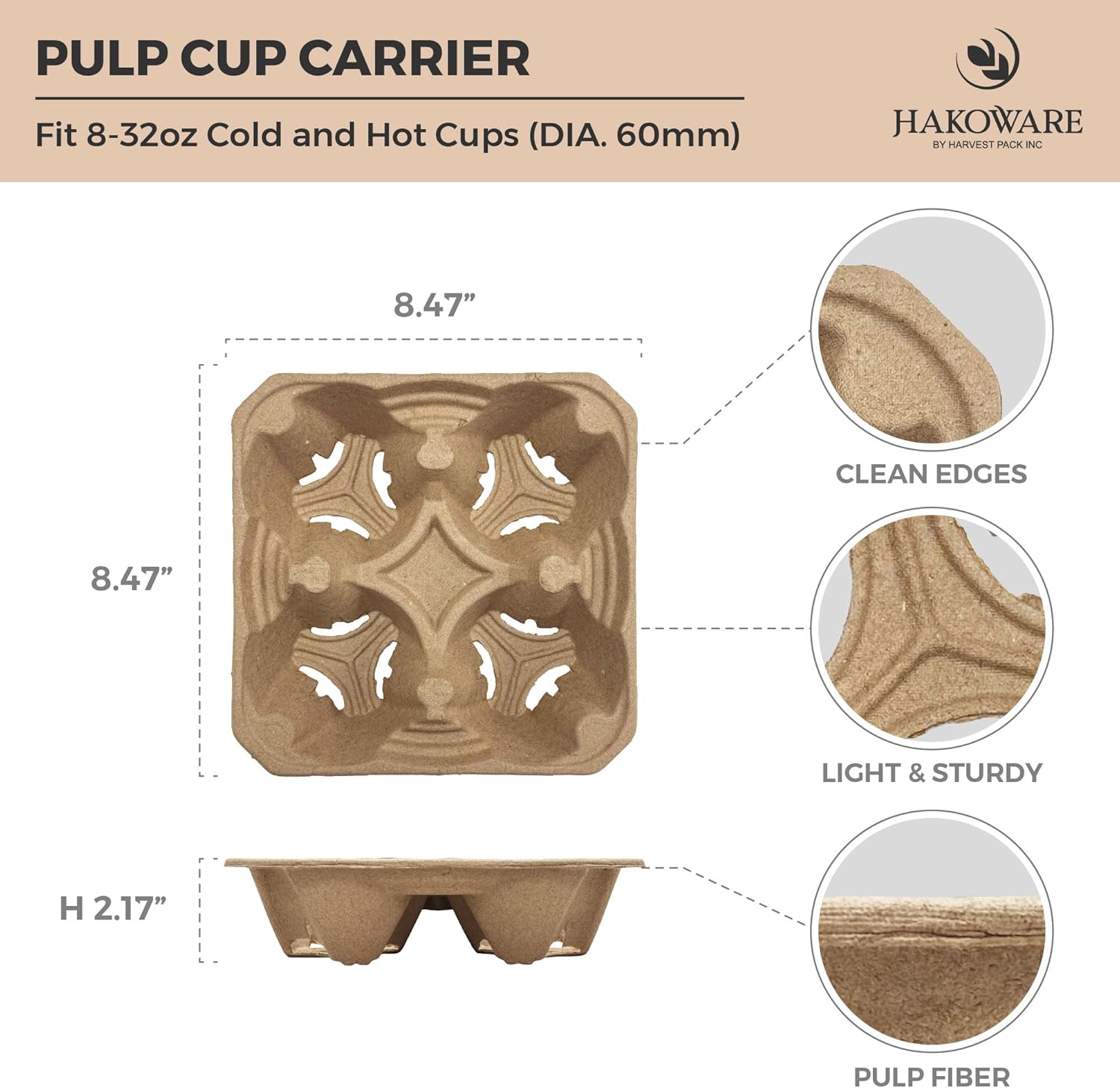 [25 Count] HAKOWARE 8-32oz 4 Cup Disposable Drink Carrier Trays, Compostable Pulp Fiber Drink Holder for Takeout Drinks, 10% Extra Strength Heavy Duty Kraft to Go Coffee Cup Holders for Delivery