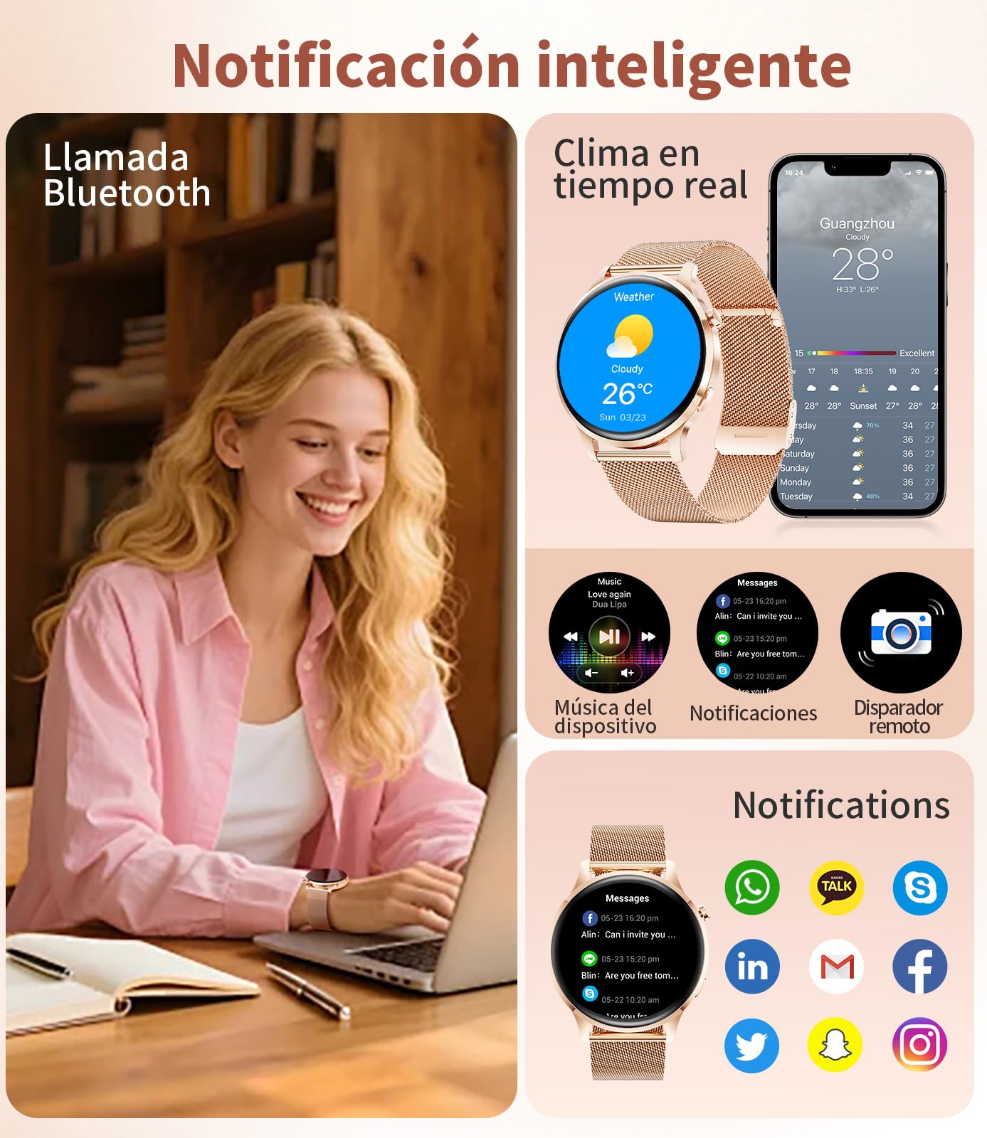 Reloj Inteligente Mujer, 1.32" AMOLED Smart Watch con Llamadas Bluetooth, 120+ Deportes Smartwatch Mujer con 2 Correas, IP68 Waterproof, Sueño, Actividad Calorías Podómetro Android iOS (Dorado)