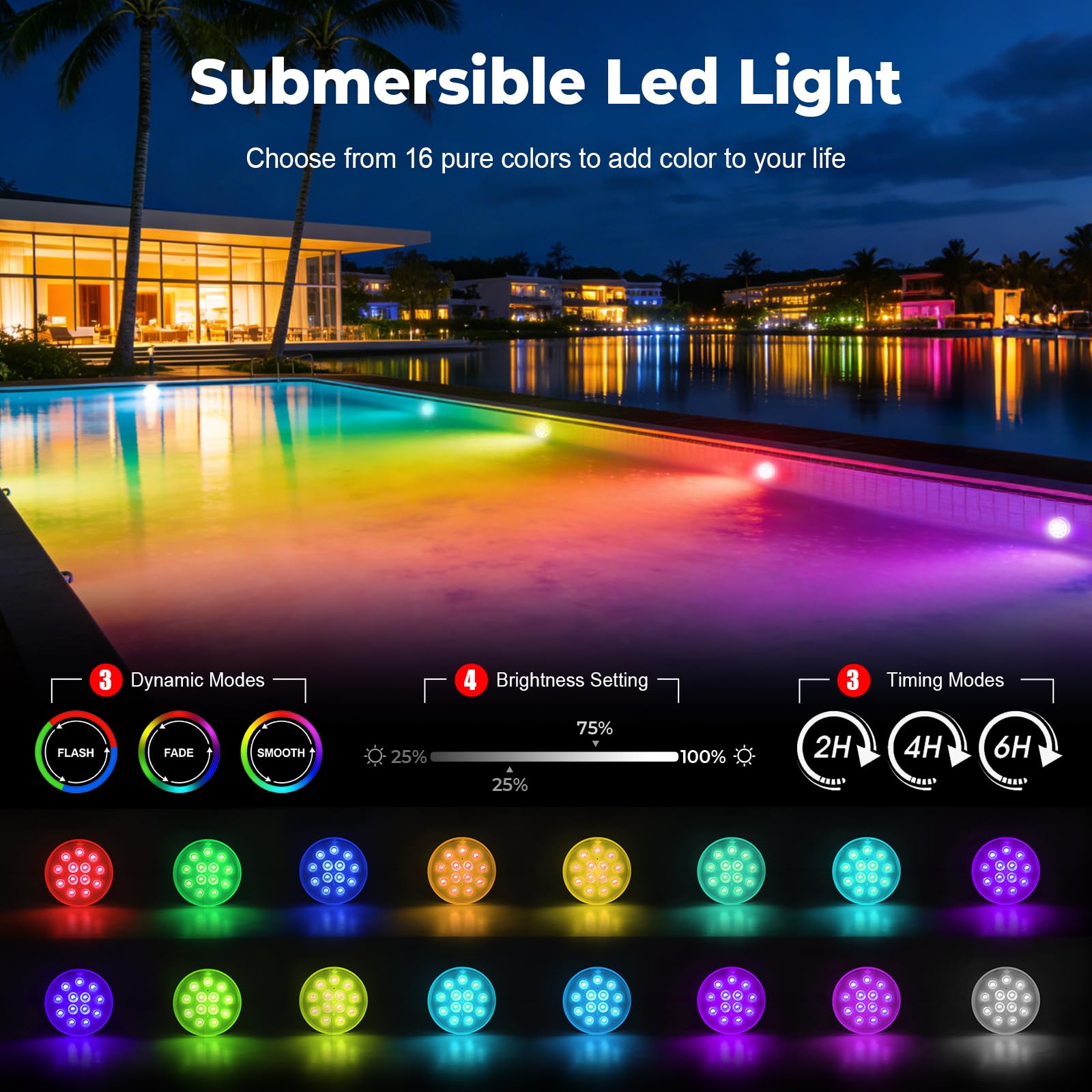 Luci Piscina Sommergibili LED IP68 16 Colori Ricaricabile USB 4 Pezzi