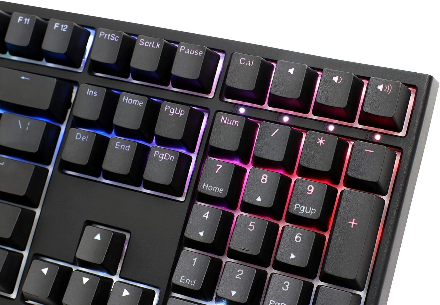 Close-up of the Ducky One 2 RGB keyboard's numpad, showing vibrant RGB backlighting on individual keys.