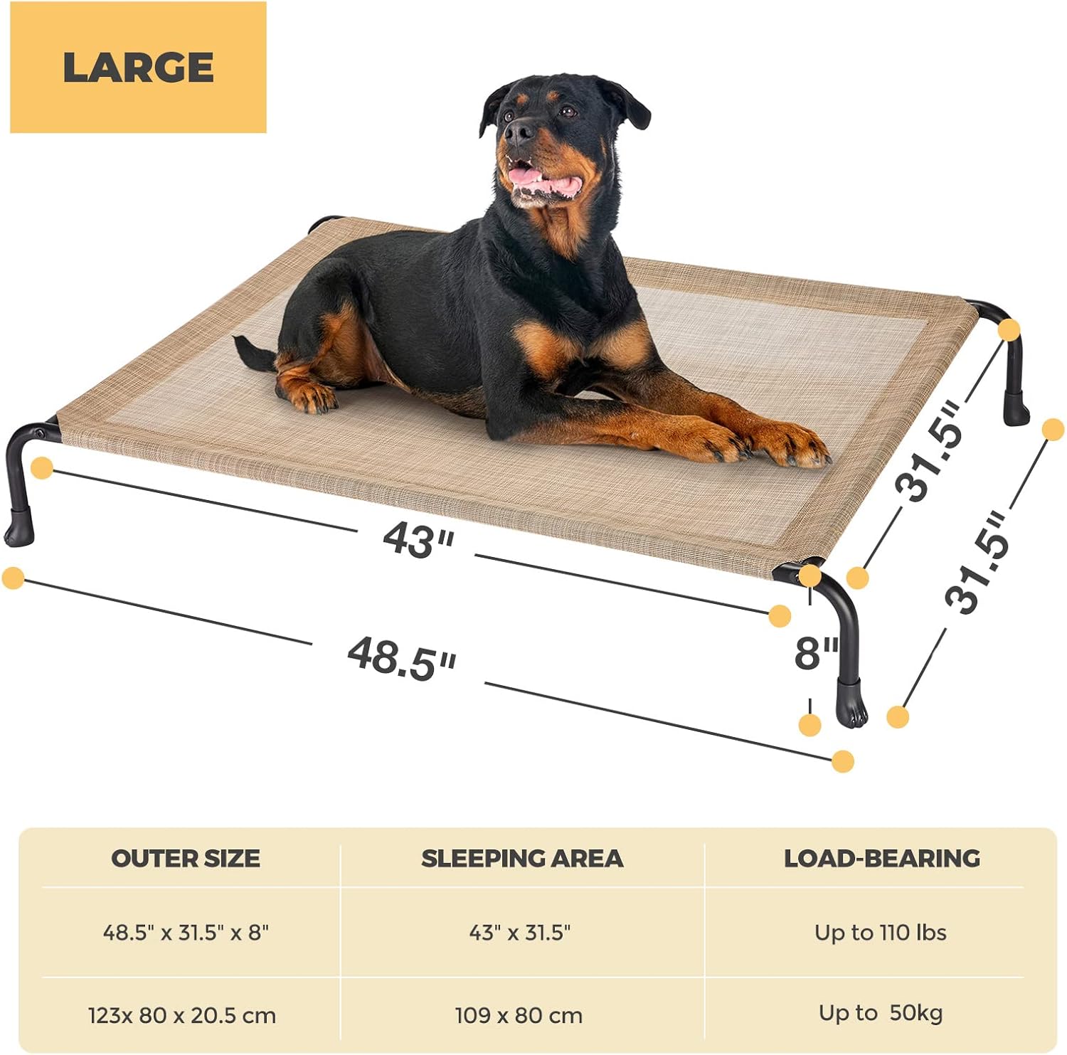 review Veehoo Elevated Raised Dog Bed, Cooling Outdoor Dog Cots Beds for Large Dogs, Pet Hammock Bed with No-Slip Feet, Frame with Washable & Chew Proof Mesh for Indoor Outdoor, Large, Beige Coffee