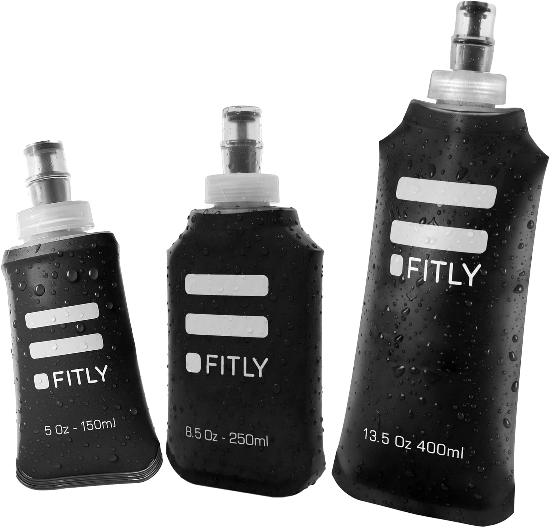 FITLY Soft Flask 3 Pack - 5 oz (150 ml), 8.5oz (250ml), & 13.5oz (400ml) - Shrink As You Drink Soft Water Bottle for Hydration Pack - Folding Water Bottle For Running & Hiking - Running Water Bottle