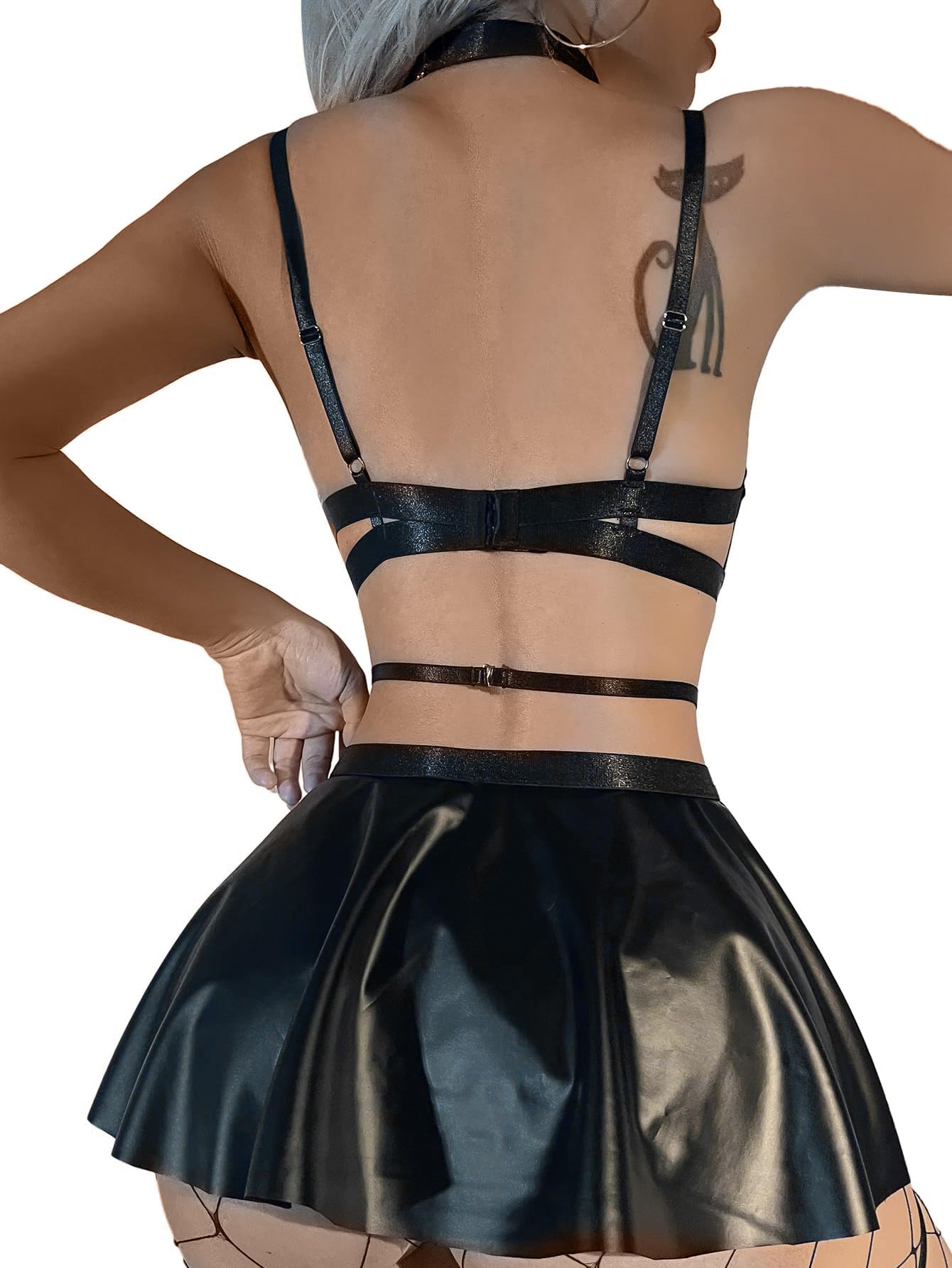 Lilosy Sexy Stocking Chocker Strappy Underwire O Ring Push Up Garter Belt Women Skirt 5 Piece: Large Leather Black