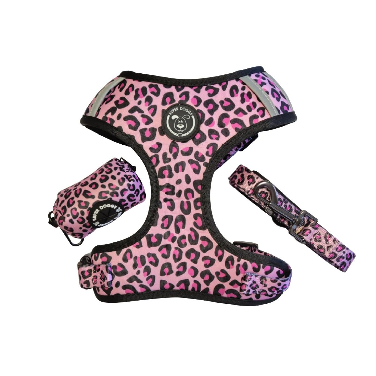 SUPER DOGGY Kit Pettorina Anti-trazione per Cani - Guinzaglio e Porta Borsa, Traspirantedi Piccola e Media Taglia, Pettorina e Guinzaglio da Passeggio (Pink Leopard, L (11-20 KG))