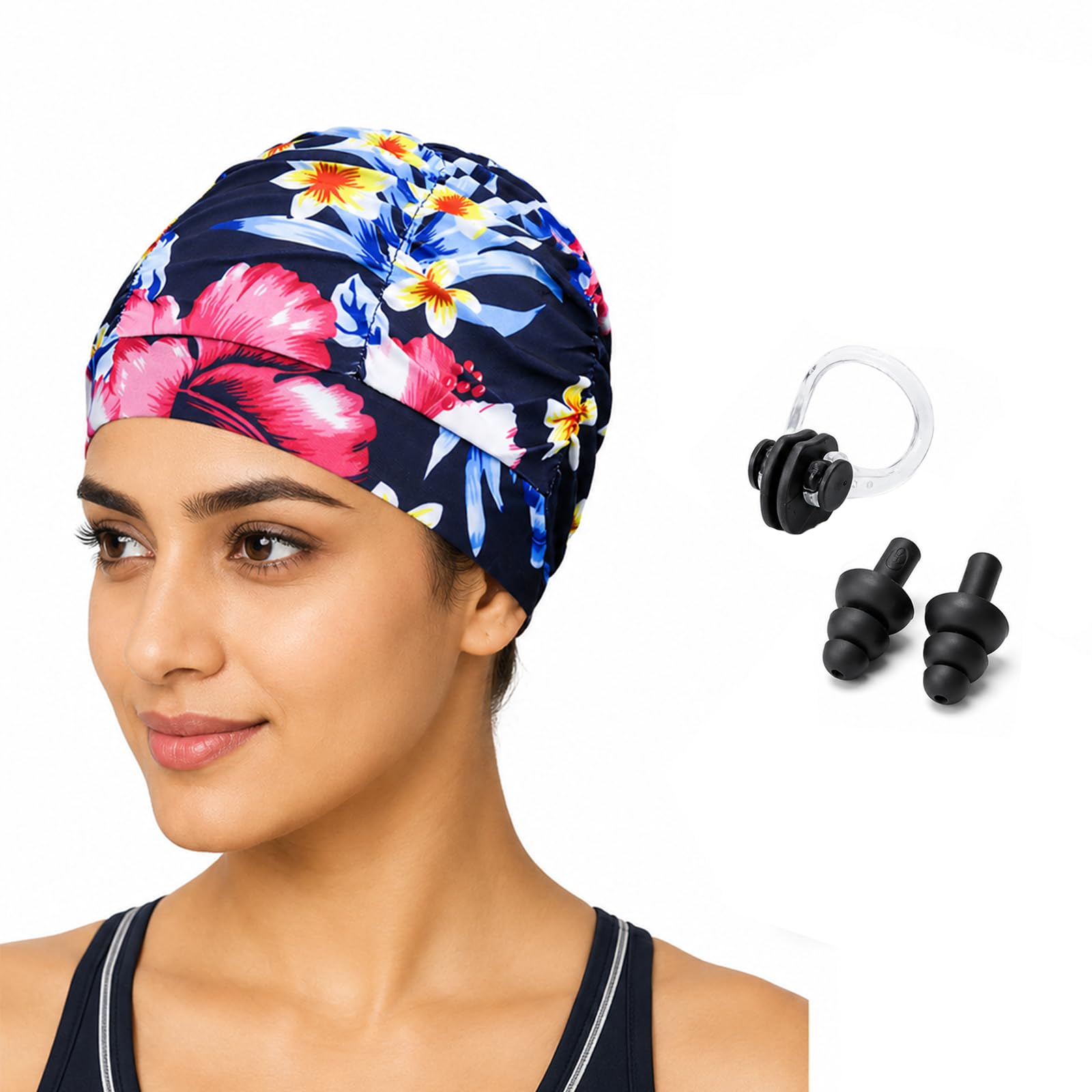 4 Pcs Swimming Cap for Women Long Hair, Floral Pool Set | Pack includes 1 dark blue flower print head cover, 1 nose clip and 1 pair ear plugs; 22 x 18 cm for lessons and travel-picture-38