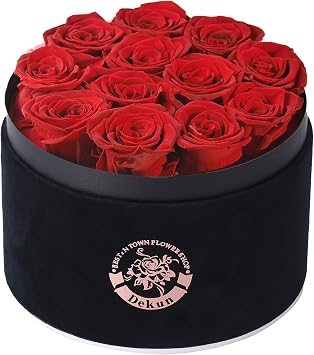 Dekun12 Pieces Forever Flowers Gift Box - Preserved Roses Eternal Roses that Last 1-3 Years Preserved Flowers for Her Valentines Day Christmas 12 Roses Black Box & Red Roses