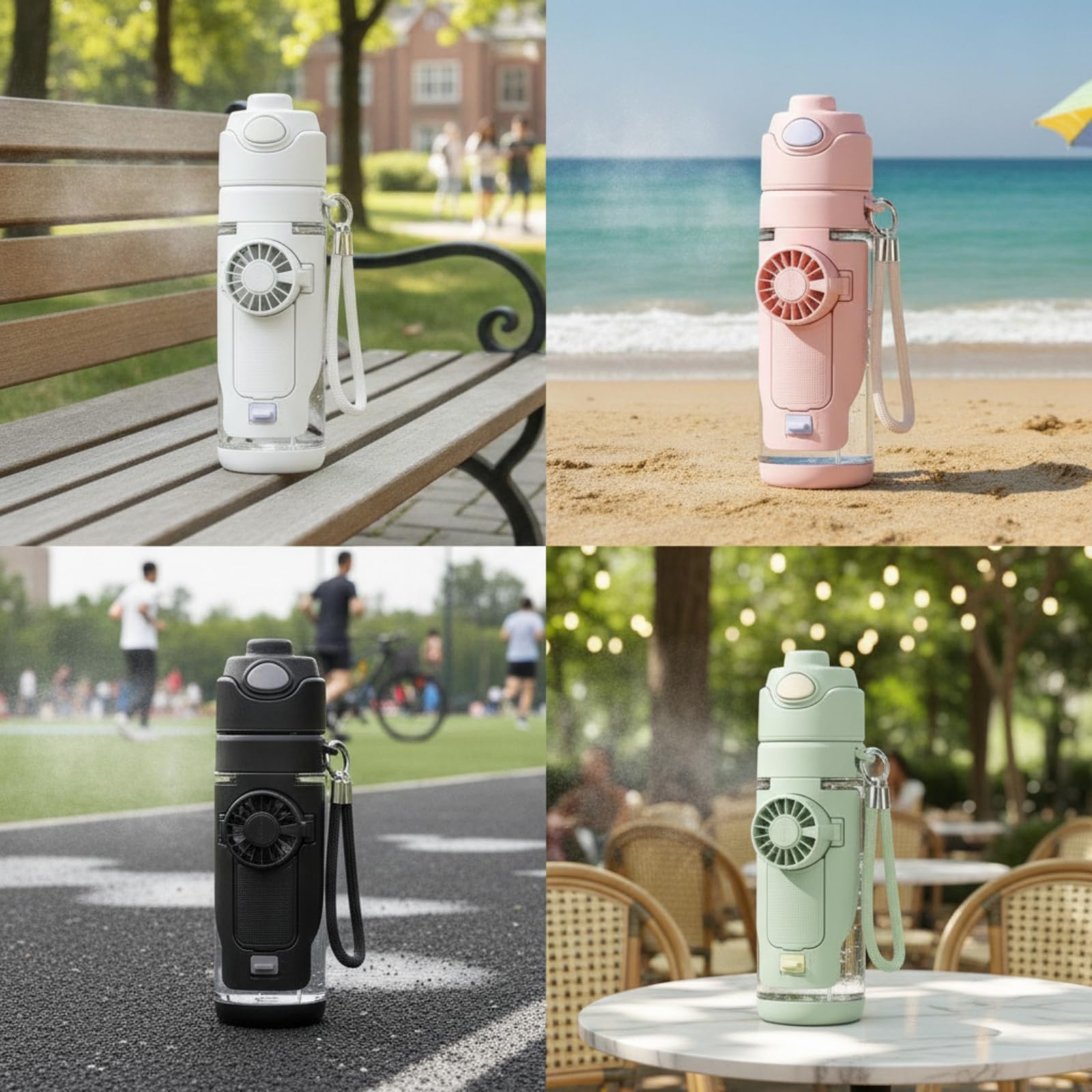 Portable Cooling Bottle Botella Térmica Vaso Cantimplora con Ventilador Tapa Doble de Consumo Correas de Mano y Hombro Adecuado para Verano Oficina Gimnasio Excursiones, Negro