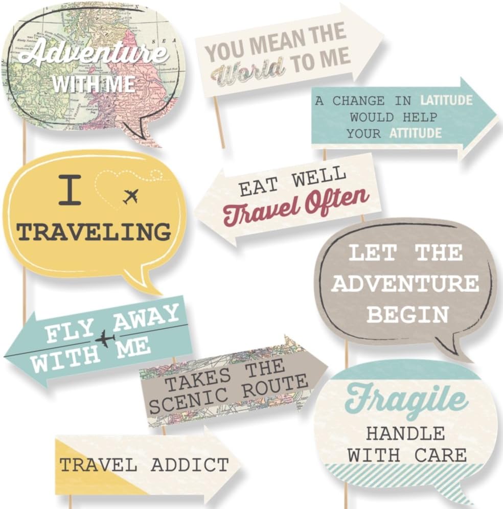 Big Dot of Happiness Funny World Awaits - Travel Themed Photo Booth Props Kit - 10 Piece