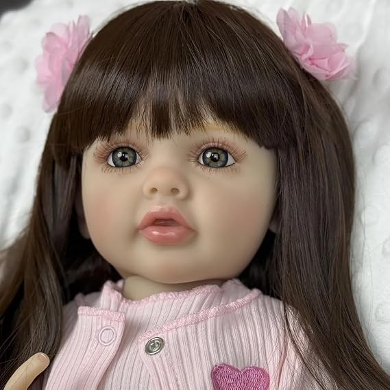 KAWAYII Reborn Baby Doll Girl 22 Inch Lifelike Babies That Look Real Full Soft Vinyl Body Cute Realistic Standing Toddler Girls with Long Hair Beautiful Pink Dress Accessories for Kids Age 3+