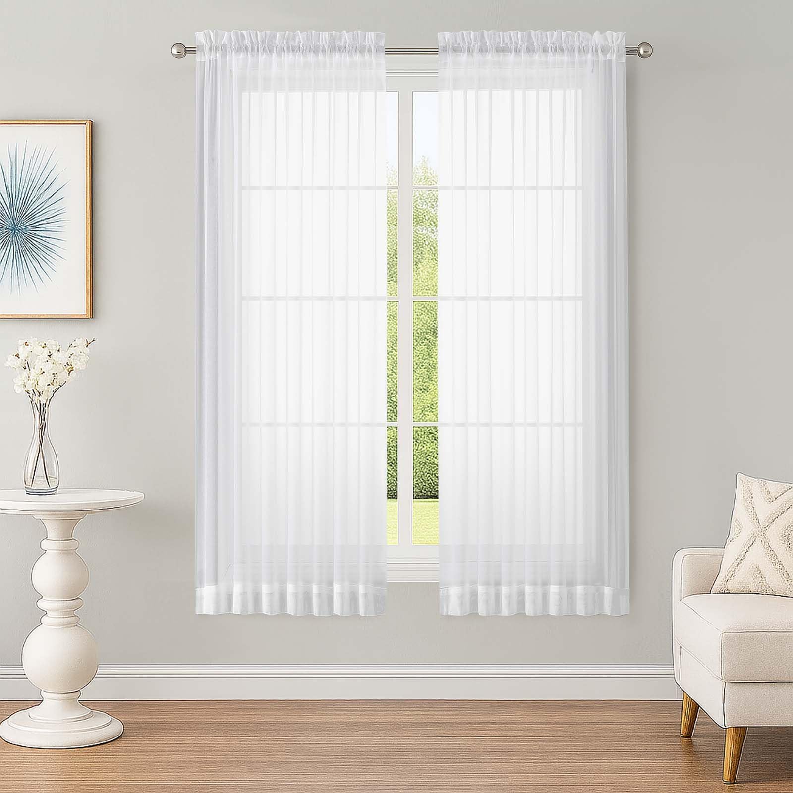 OWENIE White Sheer Curtains 63 inch Length 2 Panels Set, Rod Pocket Voile Fimly Sheer Drapes for Living Room/Bedroom, 2pcs, Each 52" W x 63" L