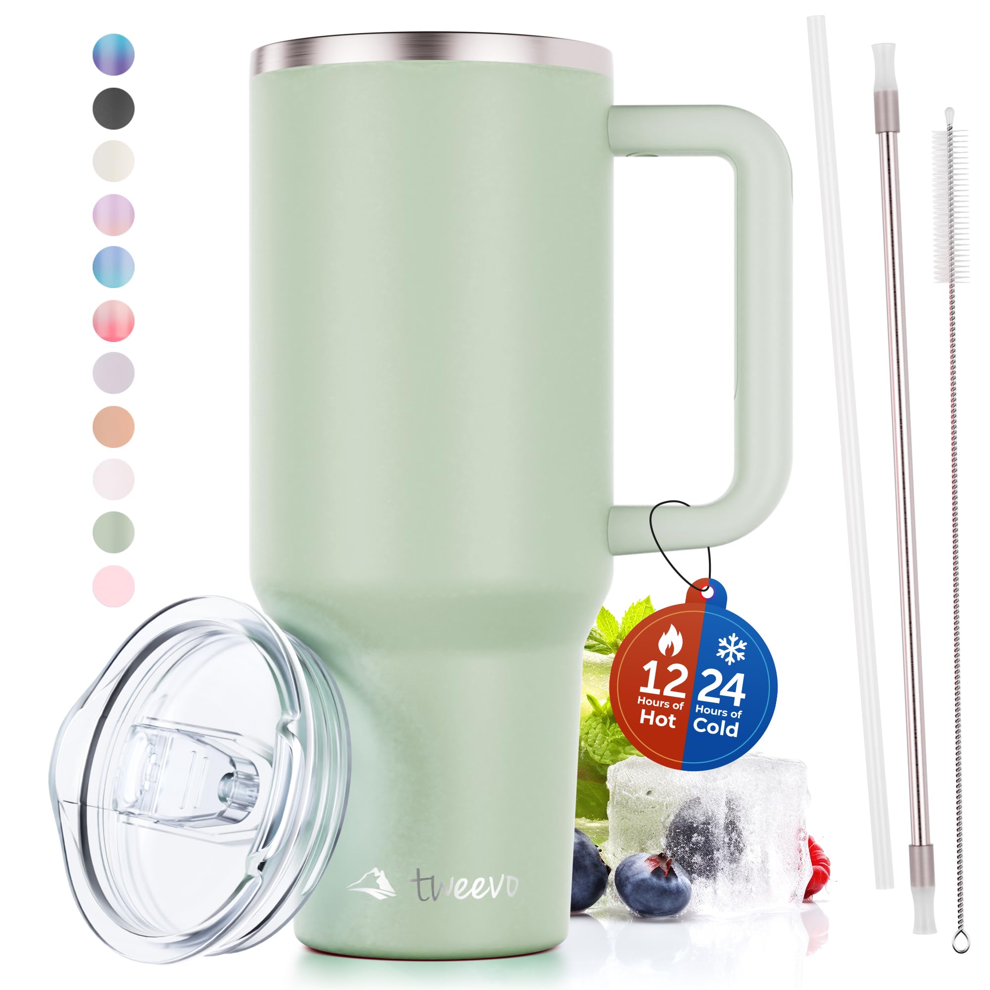 40 oz Tumbler With Handle and Straw Made of Stainless Steel - Double Wall Vacuum Insulated Tumbler With Lid - Sweat Proof Easy Grip, BPA-Free, Dishwasher Safe Tumbler (Sea Sage)