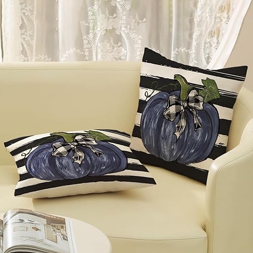 Miniatura 212 de Juego de 2 fundas de almohada de otoño de 18 x 18 pulgadas, hojas de arce de calabaza y búfalo a cuadros, decoración de otoño, de lino, Acción