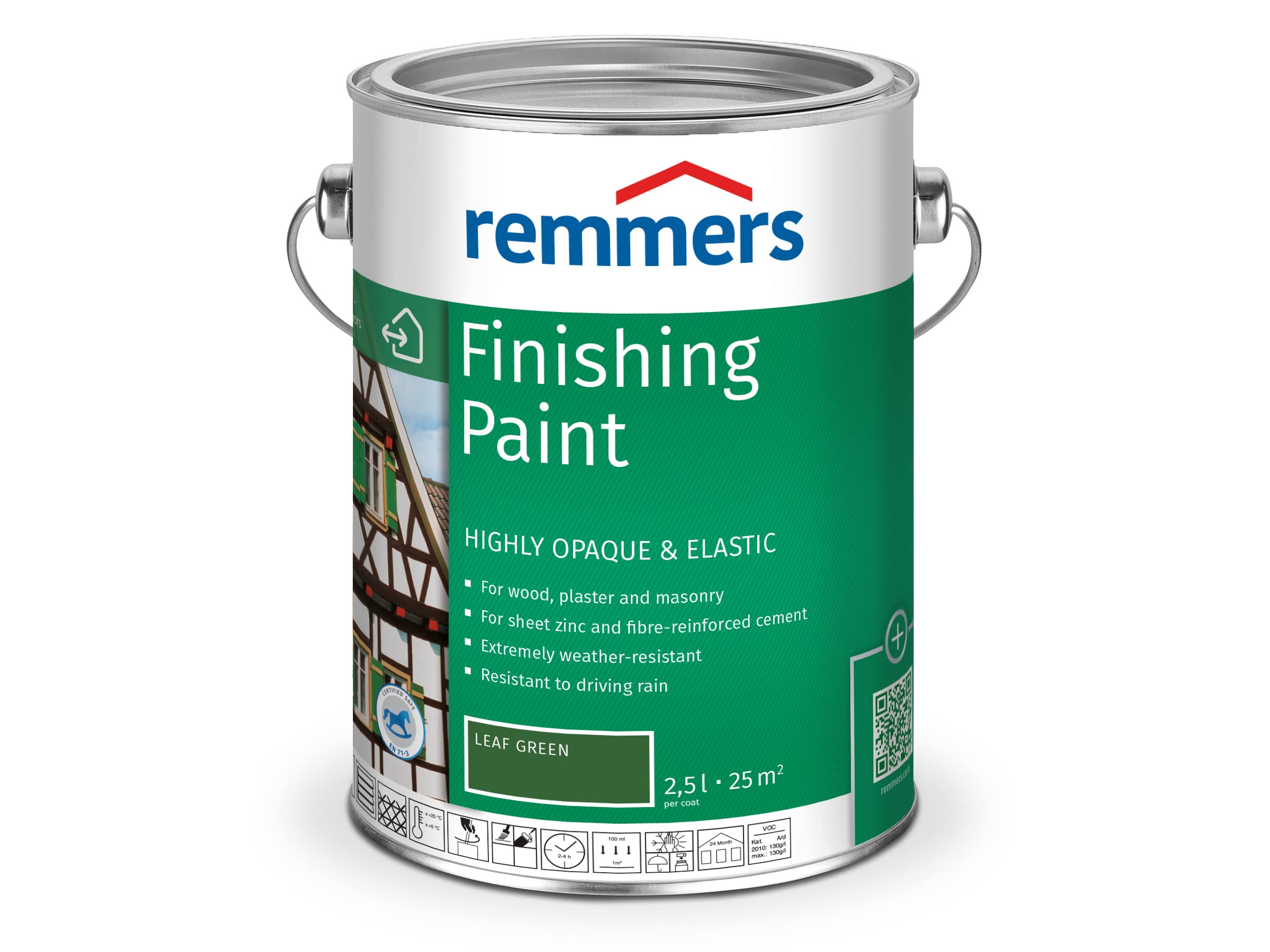 Remmers Finishing Paint leaf green, 2,5 litres, water-based finishing paint for interior and exterior use, weather protection paint for wood, zinc, mineral and many other substrates