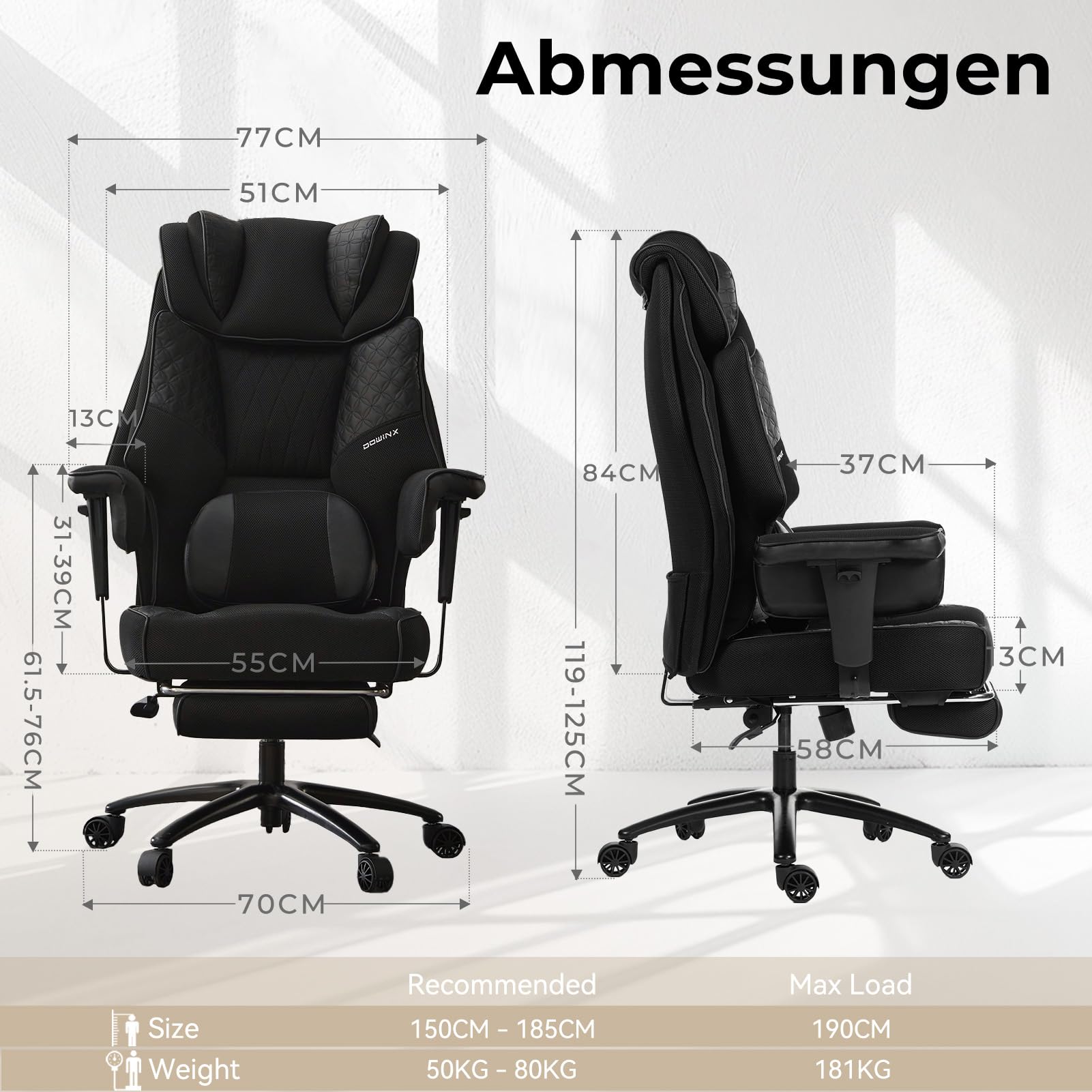 Dowinx XXL Bürostuhl mit Massage-Lendenkissen & Extra-Dicker Sitzpolsterung,Chefsessel mit Atmungsaktivem Mesh & Verstellbaren Armlehnen, Ergonomischer Schreibtischstuhl mit Fußstütze,Schwarz