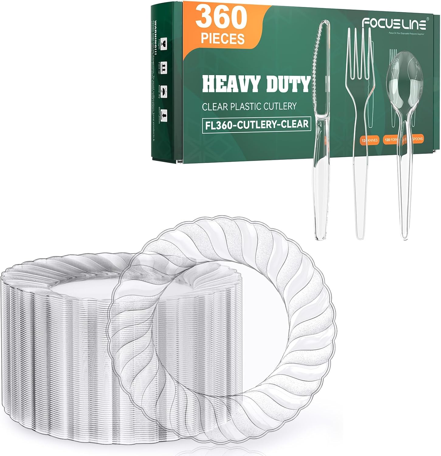 FOCUSLINE 100 Count 9 Inch Clear Plastic Plates & 360 Count Clear Plastic Cutlery Set-120 Forks, 120 Knives, 120 Spoons