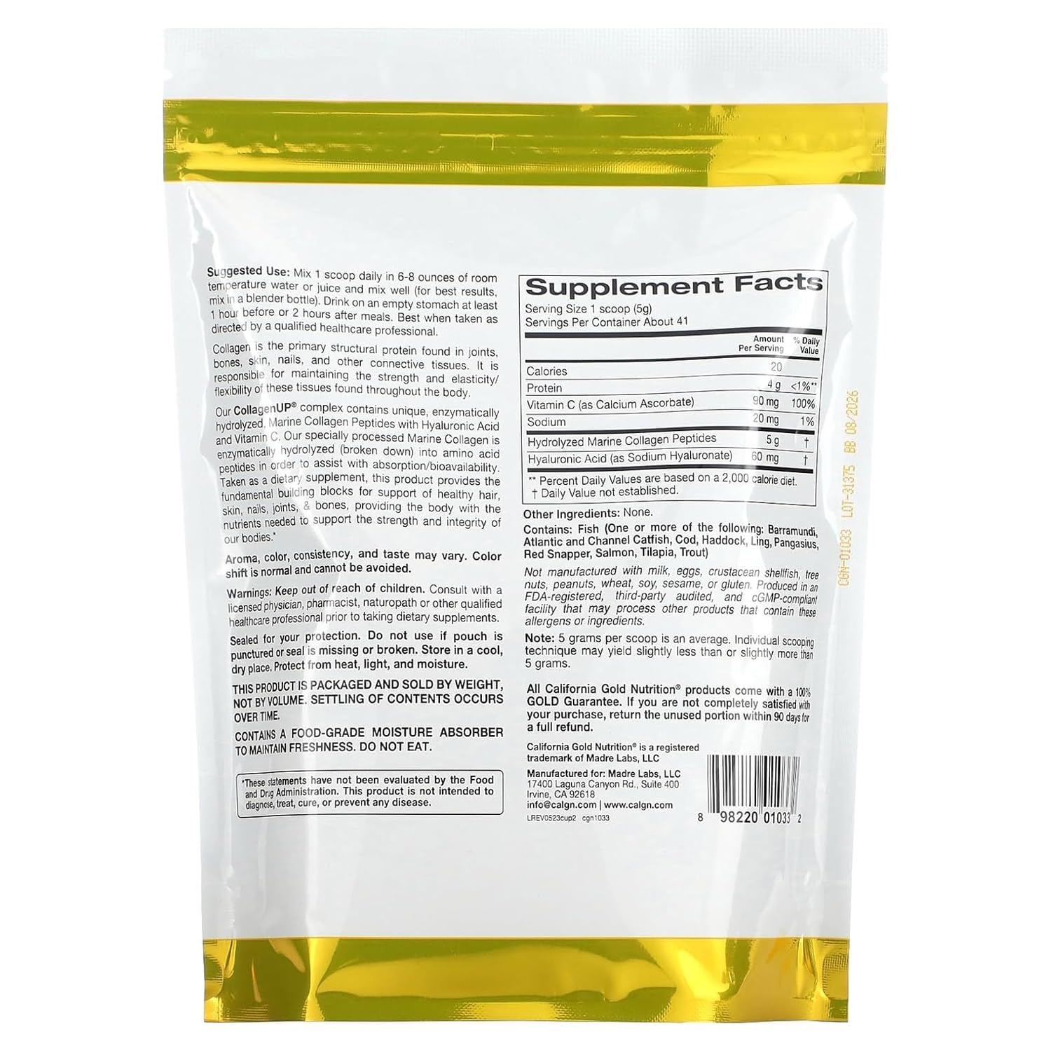La California Gold Nutritiоn CollagenUP integratore in polvere a base di peptidi di collagene marino, acido ialuronico e vitamina C per salute di capelli pelle unghie ossa 206g + A&M Portapillole 1pz