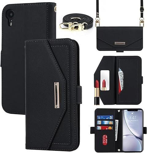 Jaorty Funda tipo cartera cruzada para iPhone XR con correa de cordón ajustable, soporte para tarjetas de crédito de 6.1 pulgadas, bolso de mano de