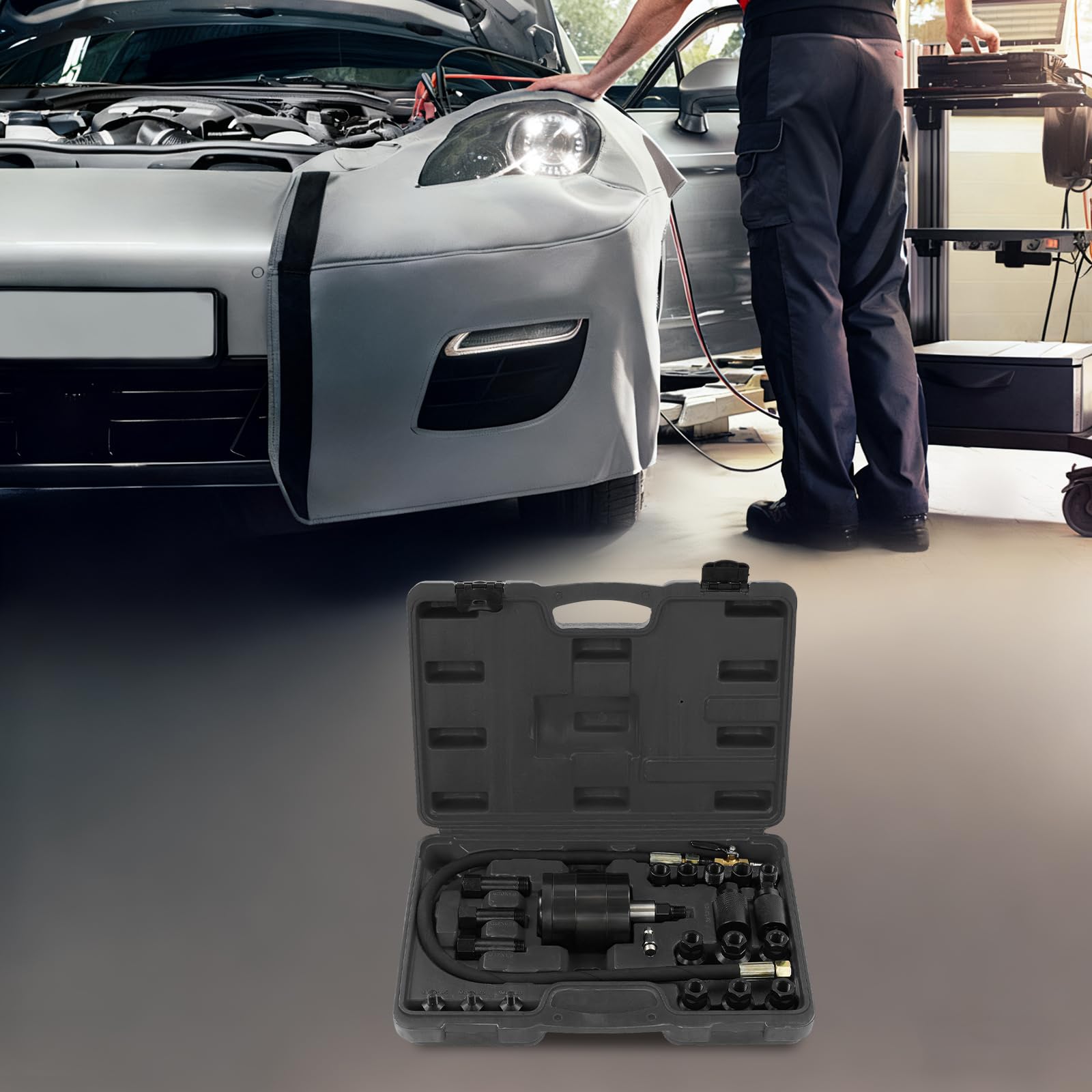 Set di 23 utensili per estrazione iniettori pneumatici, con adattatore, estrattore pneumatico, per iniettori diesel (nero)