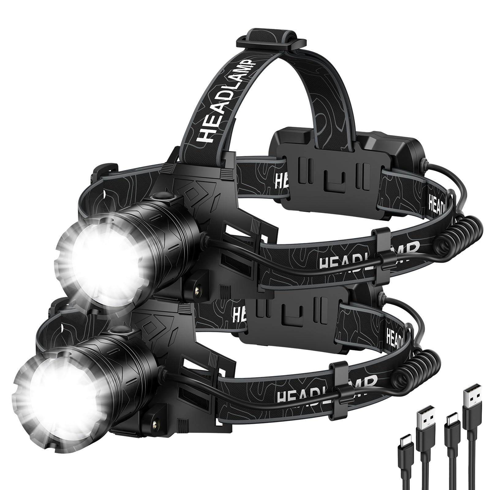 Photo 1 of Kmivo 2-Pack Rechargeable LED Headlamps - 99,000 High Lumens Super Bright Head Light with 3 Modes, 90° Adjustable Tilt, IPX6 Waterproof for Camping, Hiking, Running & Outdoors