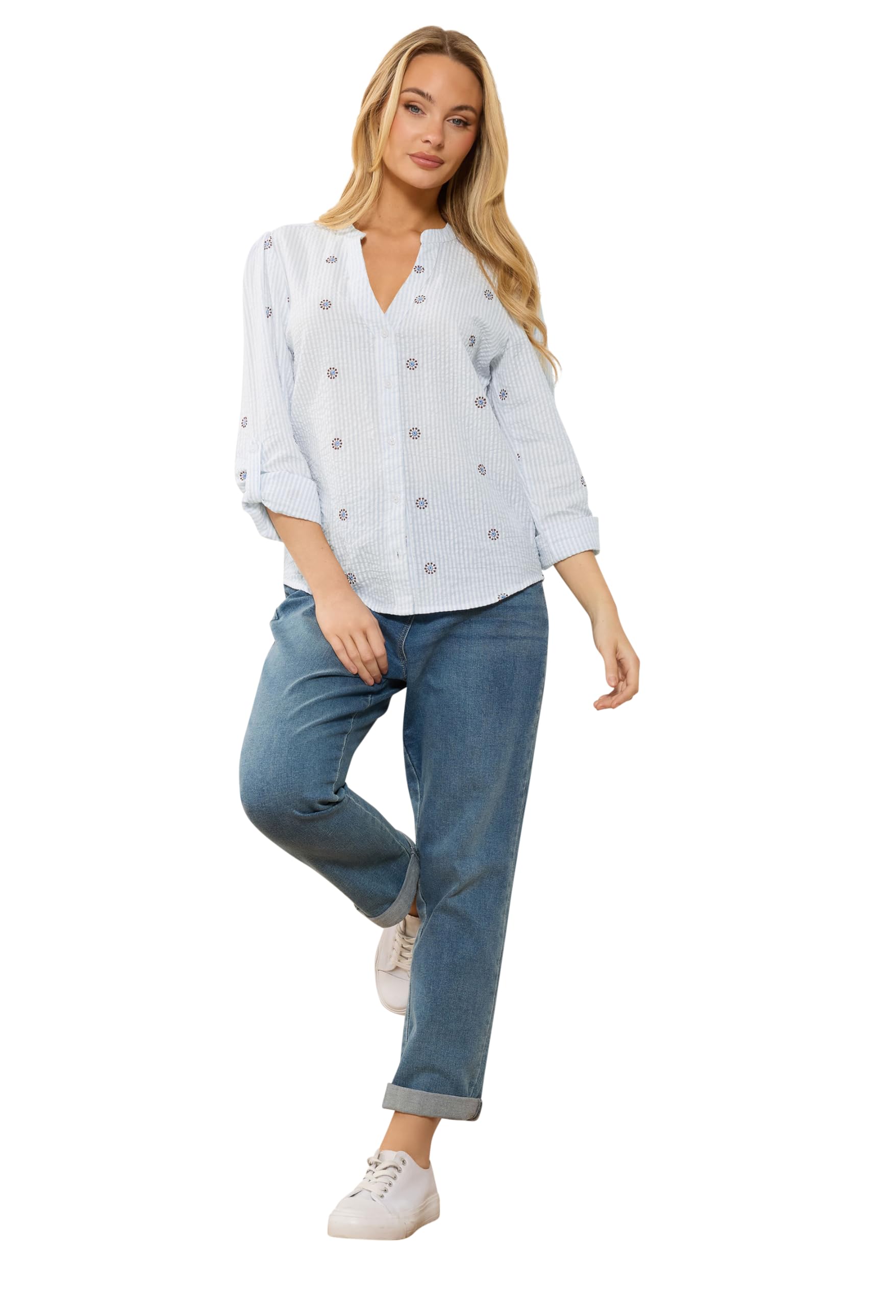M&Co Women's Light Blue Stripe Embroidered Cotton Shirt In Size 18