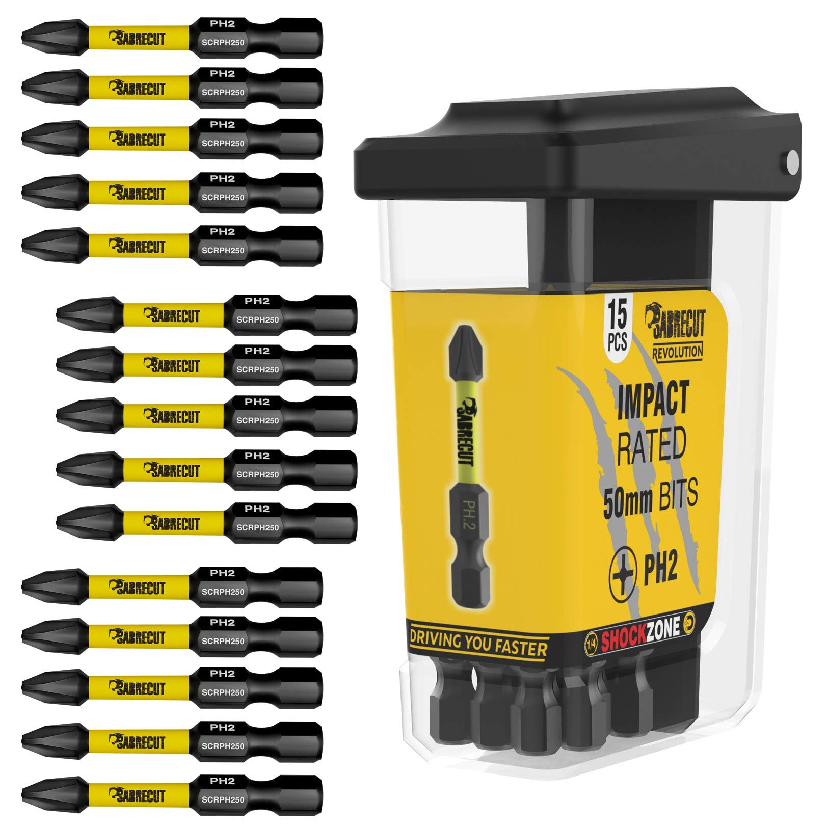 15 x SabreCut SCRPH25015B Embouts de tournevis à percussion magnétique PH2 50 mm dans une boîte TIC TAC Phillips à extrémité uni