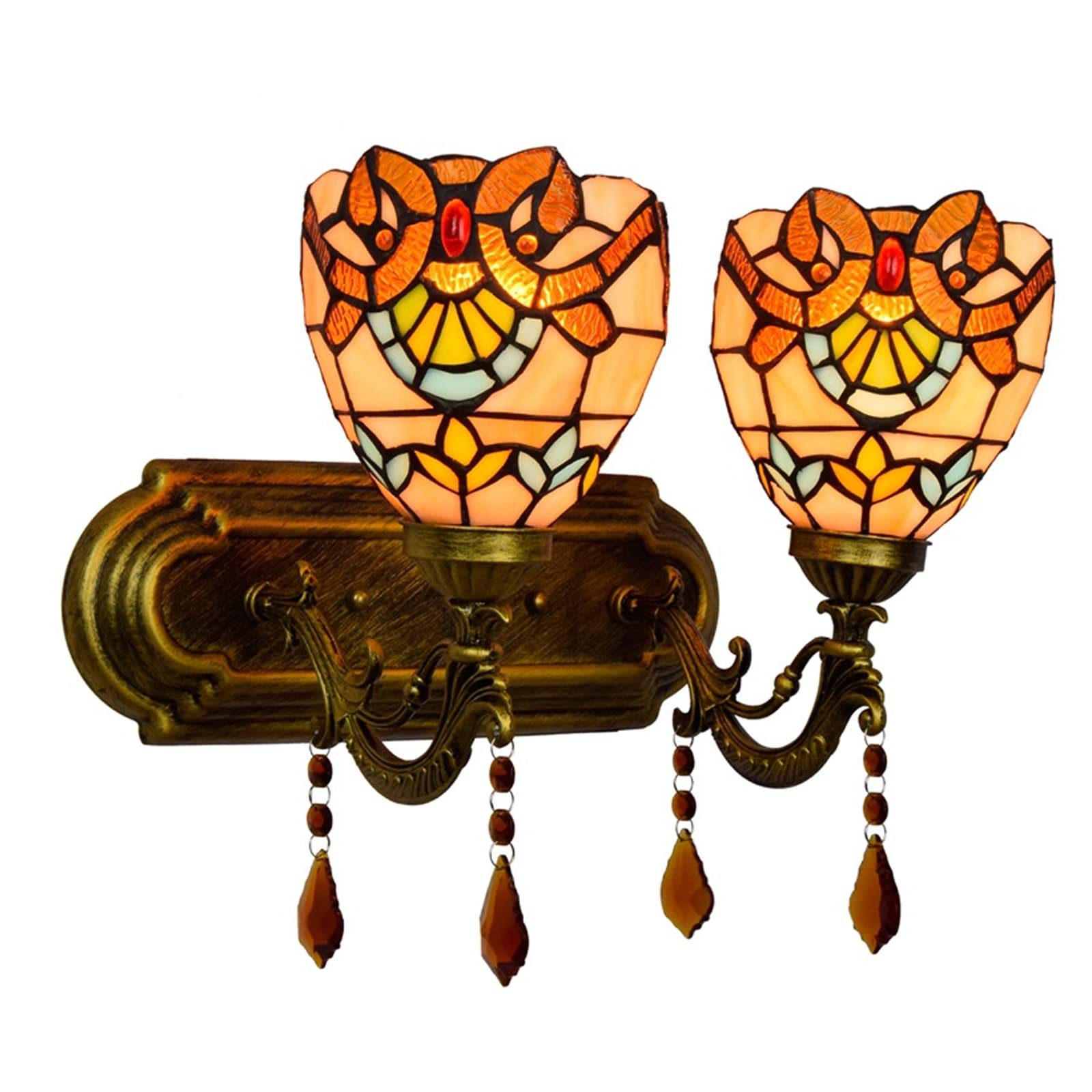 SXSCARKX Tiffany Wall Lamp Baroque Decoration Double Head Handmade Stained Glass Lampshade for Living Room Aisle Porch Indoor Lighting Needed