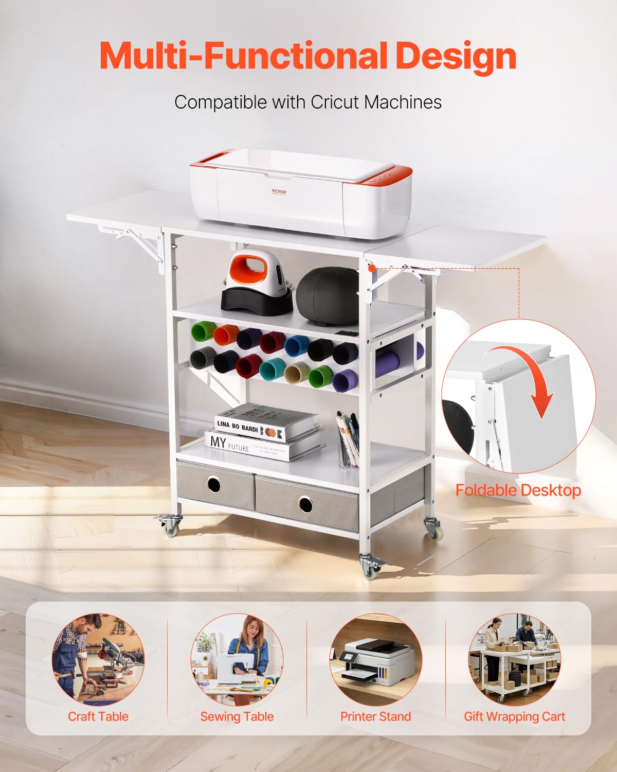 VEVOR Chariot de Rangement, Compatible avec les Plotters de Découpe, Table de Travail Artisanal, avec Côtés Pliables, Organisateur Mobile pour l'Artisanat avec 14 Porte-rouleaux de Vinyle et 2 Tiroirs