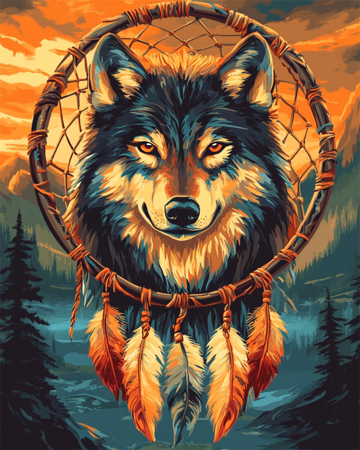 Ayaoyanggo Color Cross Stitch Set Patterns Fantasy Wolf Animal And Dream Catcher Pre Printed Cross Stitch Kits For Adults,Diy Wall Art Decor For Beginners 11Ct 40X50cm