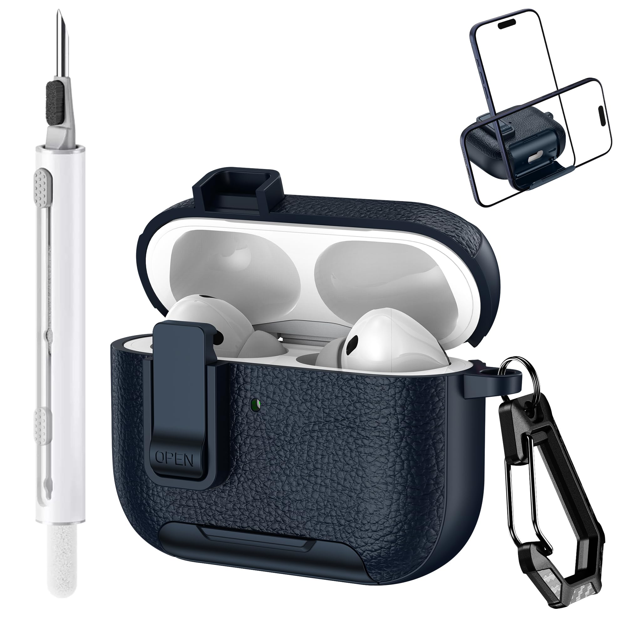 Etui do AirPods Pro 3 (2025) z zestawem do czyszczenia, miękka tekstura skóry TPU, wygodna funkcja stojaka na telefon komórkowy do AirPods Pro 3 Etui ochronne - Niebieski