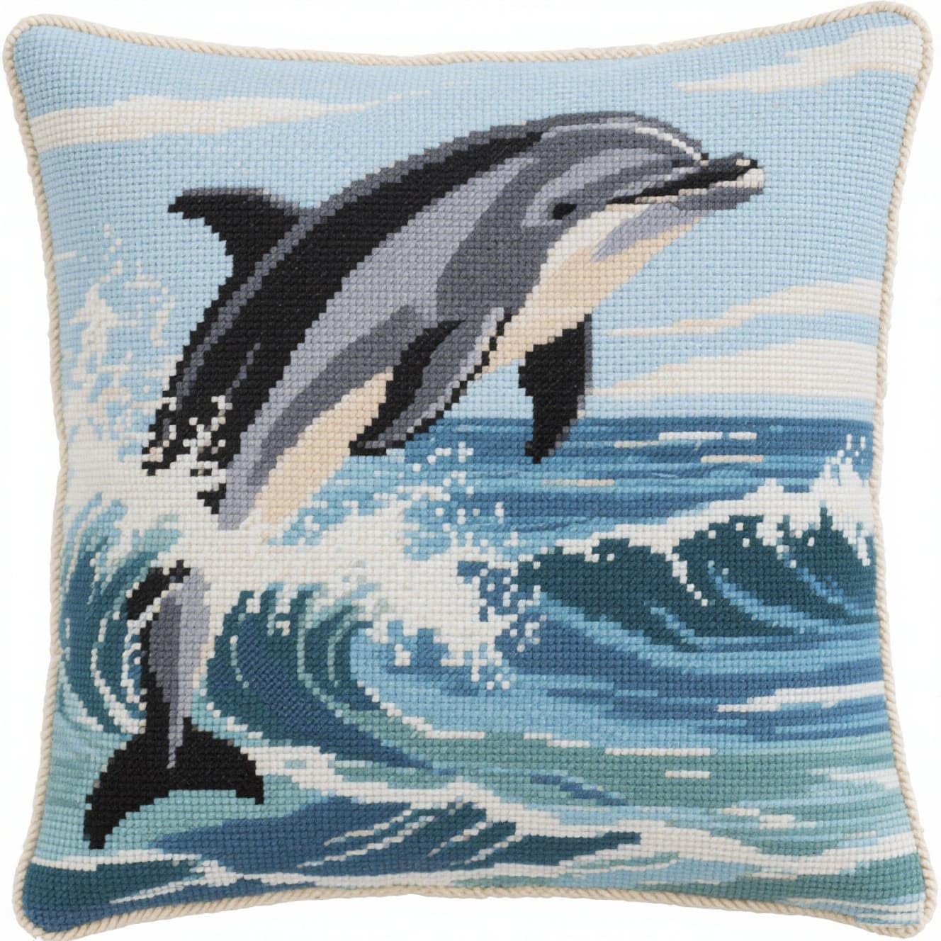 Henypt Latch Hook Kits for Beginners Animal Dolphin Cushion Craft Kits Crochet Pre Printed Canvas Wool Yarn Hobbies DIY Latch Hook Pillow Kit 43x43cm