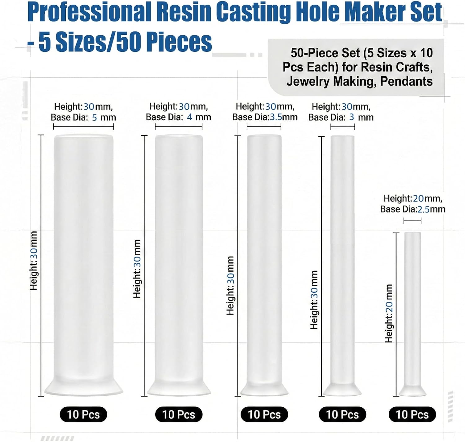 50PCS Silicone Resin Hole Makers: 5 Sizes 5/64"-5/16" (2-8mm) Non-drilled | No Cracking Reusable DIY Craft Tools for Epoxy & UV Resin Jewelry, Earrings, Keychains, Christmas Ornaments, Pendants, Charms