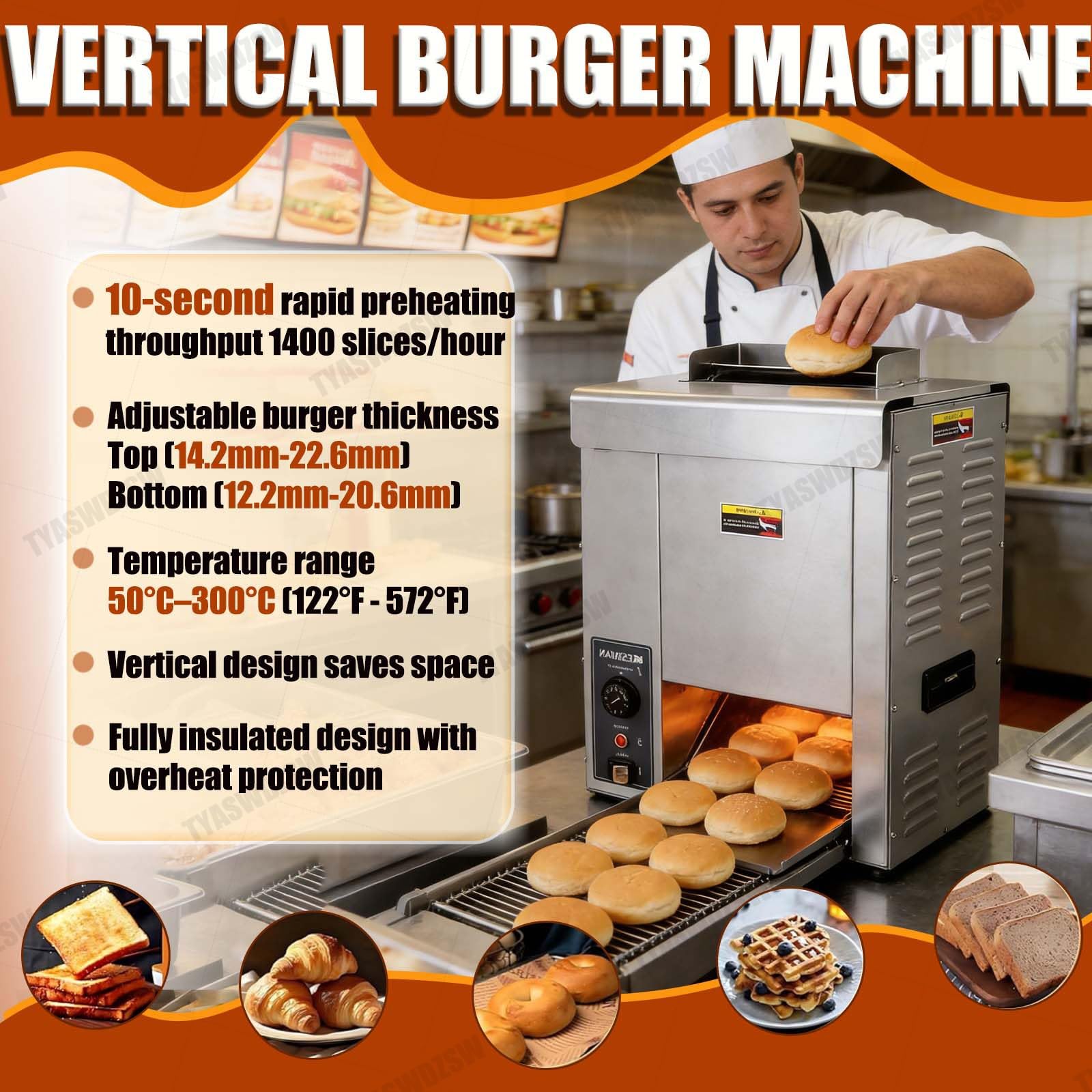 2000W Elektryczna Pionowa Maszyna Do Pieczenia Bułek, Komercyjny Automatyczny Opiekacz Do Hamburgerów, Szybkie Nagrzewanie I Łatwe Sterowanie, 1400 Kromek/Godz. Dla Food Trucków