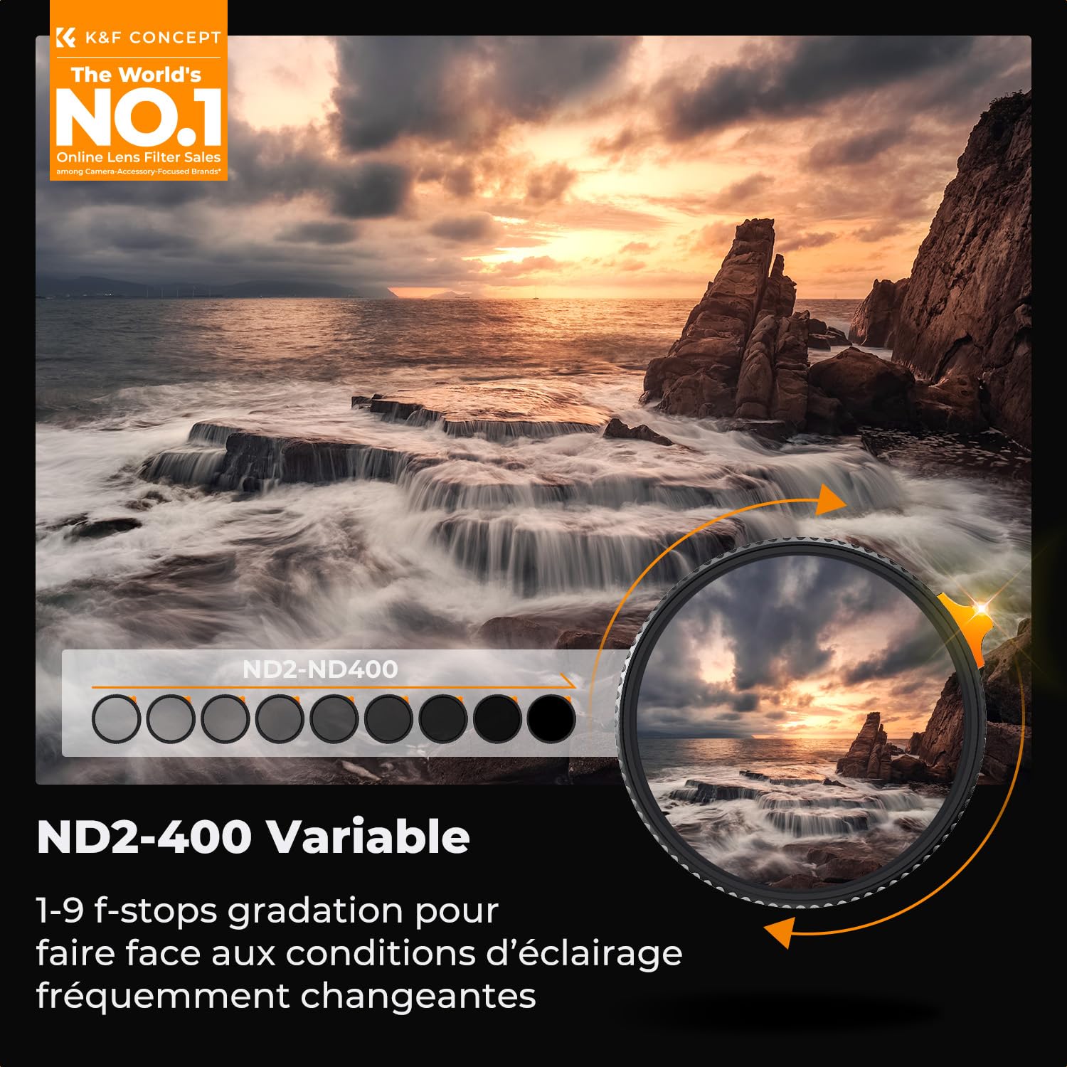 K&F CONCEPT Filtre ND Variable ND2-400 67mm Densité Neutre 1-9 Stops Slim Haute-définition Résistant à l'eau Anti-Rayures pour Objectif Appareil Photo Edition Supérieure