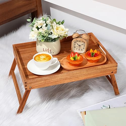 Miniatura 2 de Tatuo Bandeja de mesa de acacia de 3 piezas de 11.5 pulgadas de altura para computadora portátil, bandeja de desayuno de madera para servir