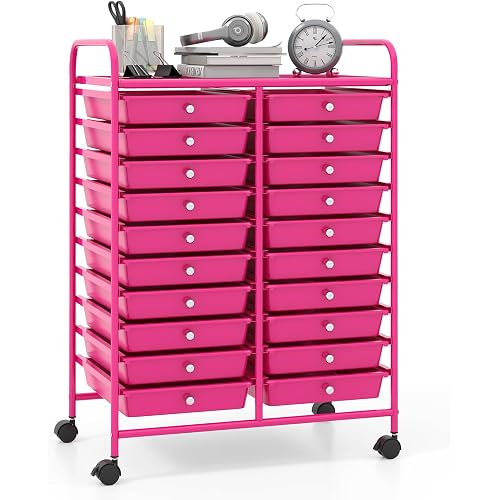 Giantex 20 Drawers Rolling Cart, Mobile Storage Drawer Cart, Classroom Organizer for Office School Supplies Teacher Tools Scrapbook Paper Craft Small Printer, Utility Stand on Wheels, Hot Pink