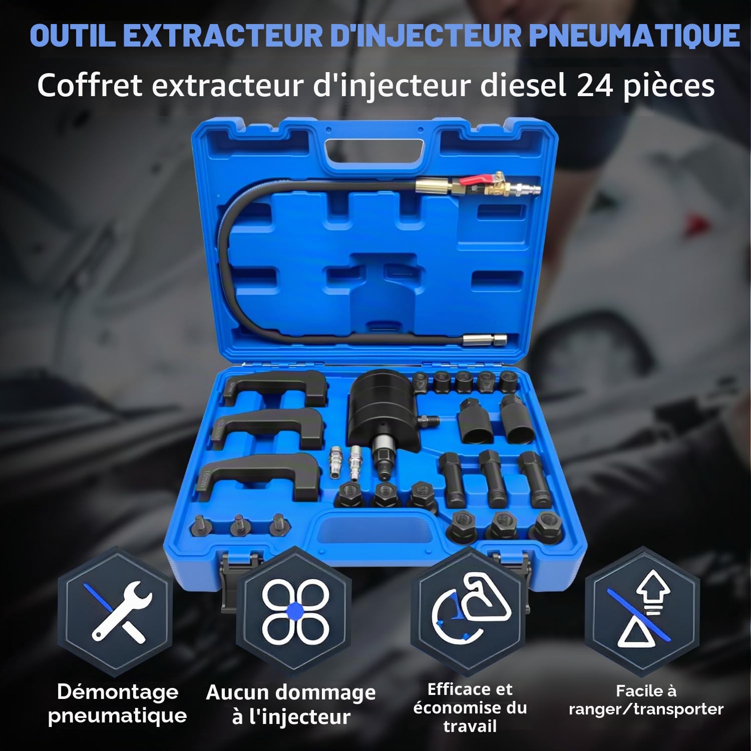ZKTOOL 24 Pièces Extraction d'Injecteurs Diesel Pneumatique, Démontage d'Injecteurs Diesel à Vibrations Pneumatiques, avec 19 Adaptateurs, Connecteurs US/EU et Poignée Portative