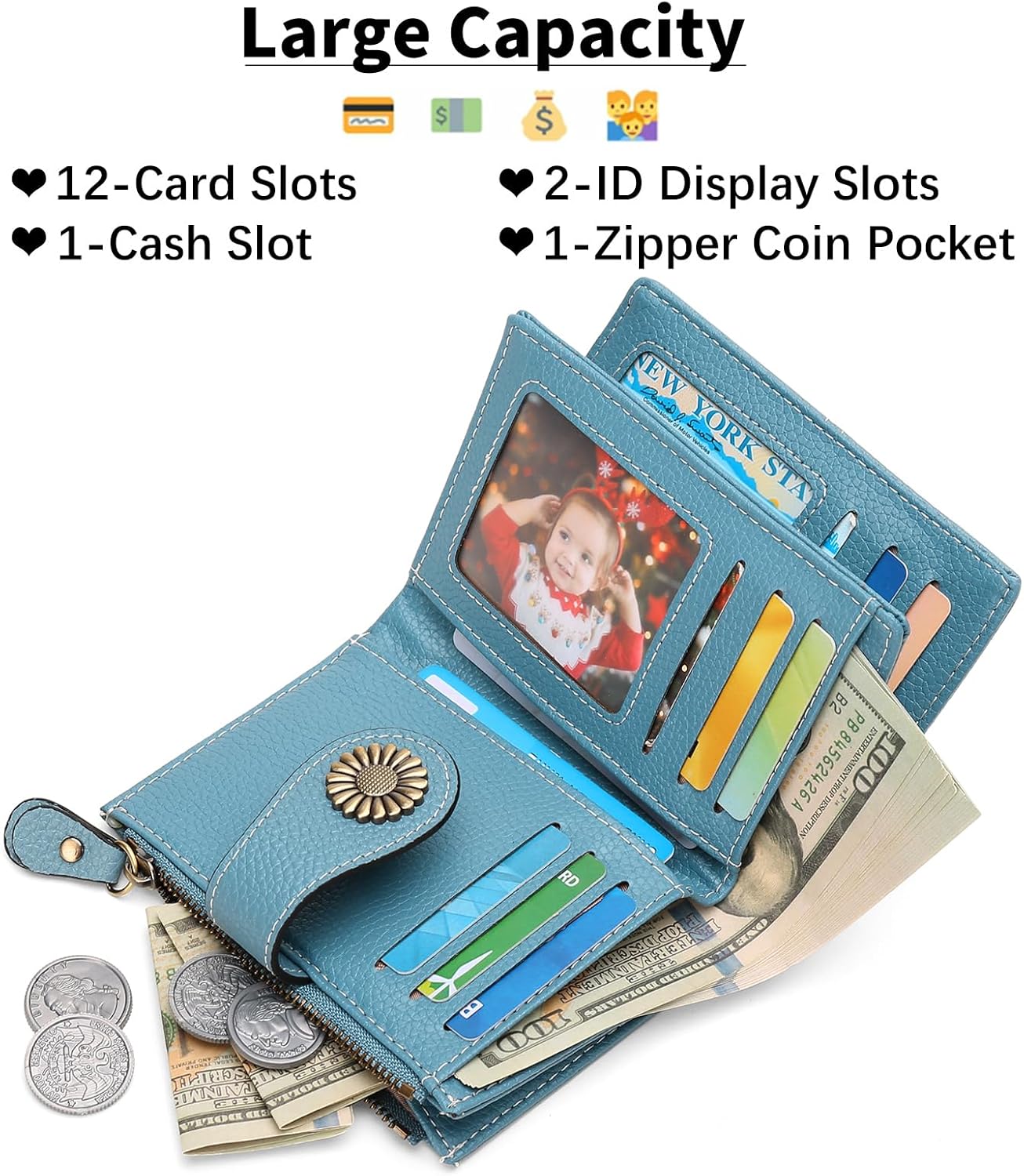 SENDEFN Small Womens Wallet Leather Bifold Card Holder RFID Blocking with Zipper Coin Pocket - Image 6