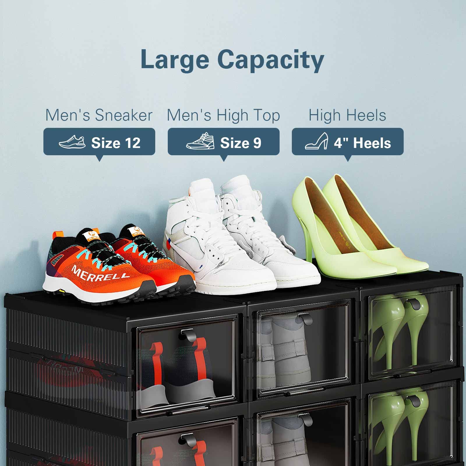 Compartments Collapsible Drop Front Shoe Storage Boxes, Instant Assembly  Shoe Organizer for Closet Clear Hard Plastic Stackable, Men Size 12 Sneaker