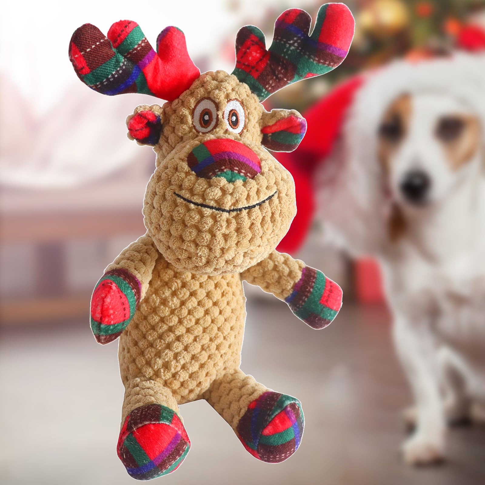 Banlilu Christmas Squeaky Dog Toys,Soft Cute Reindeer Durable Teeth Cleaning Interactive Plush Dog Toys,Xmas Gift for Puppies Small and Medium Dogs