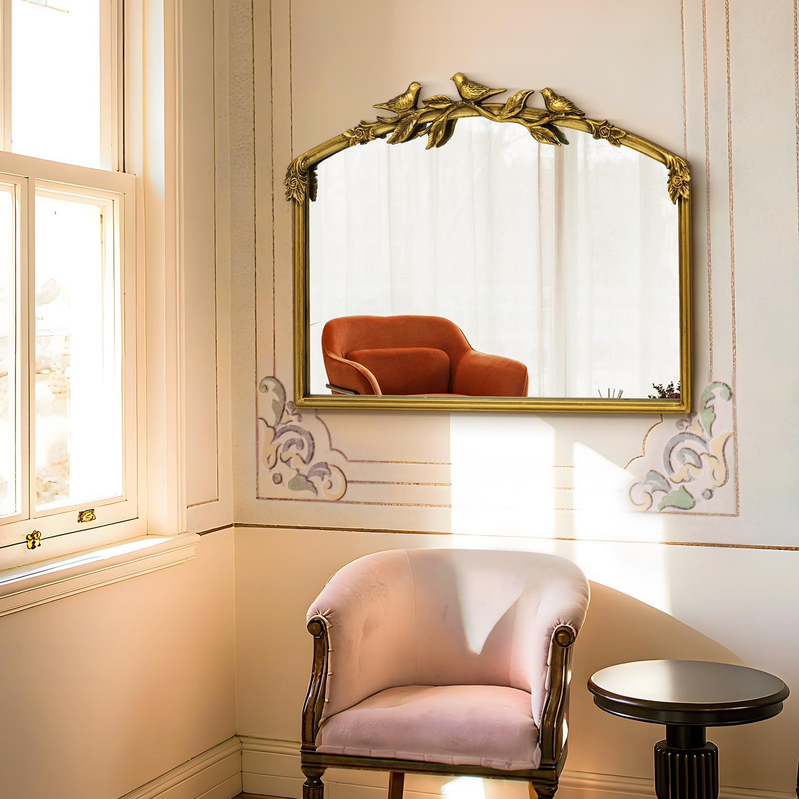 Miroir Baroque doré Antique 80 x 60(H) cm – Cadre Vintage en Fonte avec Fleurs en résine sculptées à la Main, Miroir Mural incassable pour Salle de Bain, Salon et Chambre à Coucher