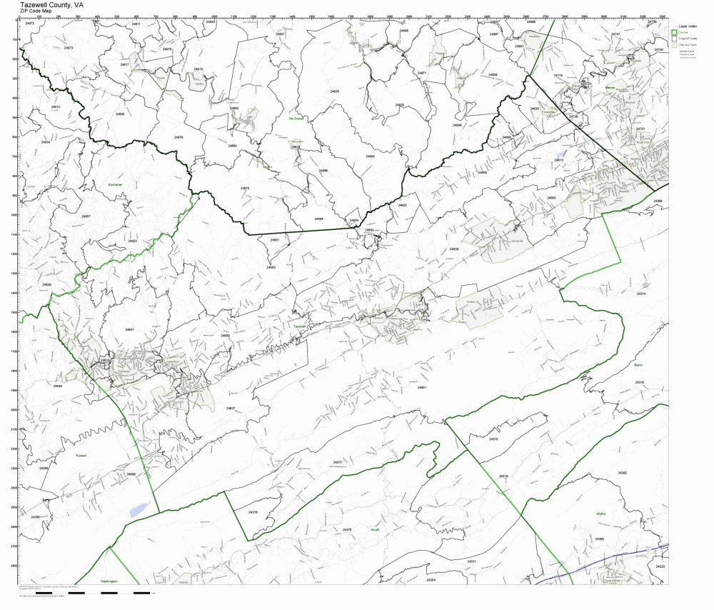 Tazewell County, Virginia VA ZIP Code Map Not Laminated