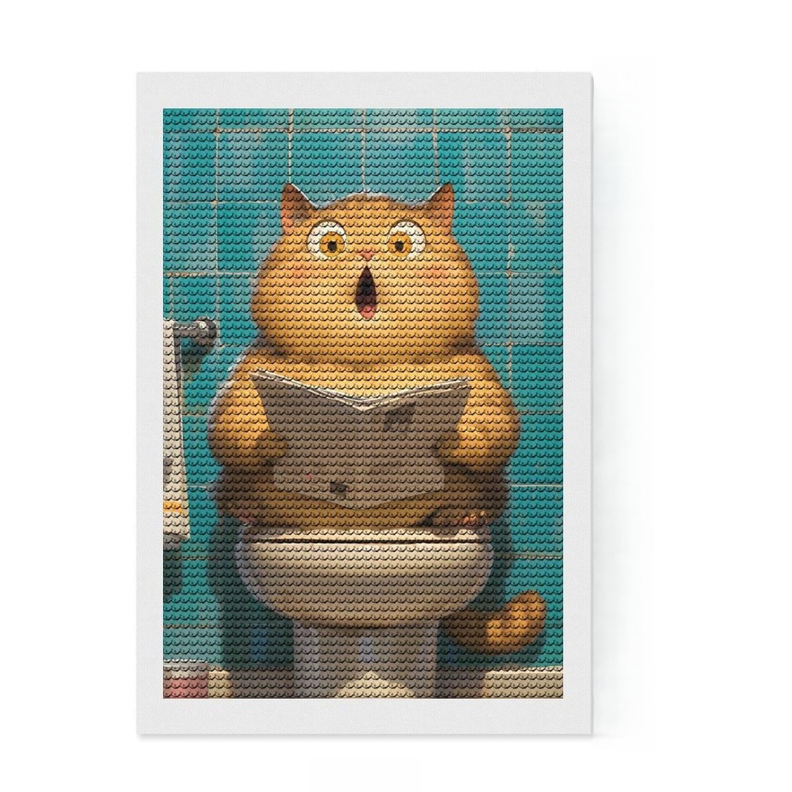 Junmoney Chubby Cat Toilet Funny DIY Diamond Art Canvas Kit 8"x12", for Adults, Full Kit Included, Cosy Home Accent, Festive Craft Gift